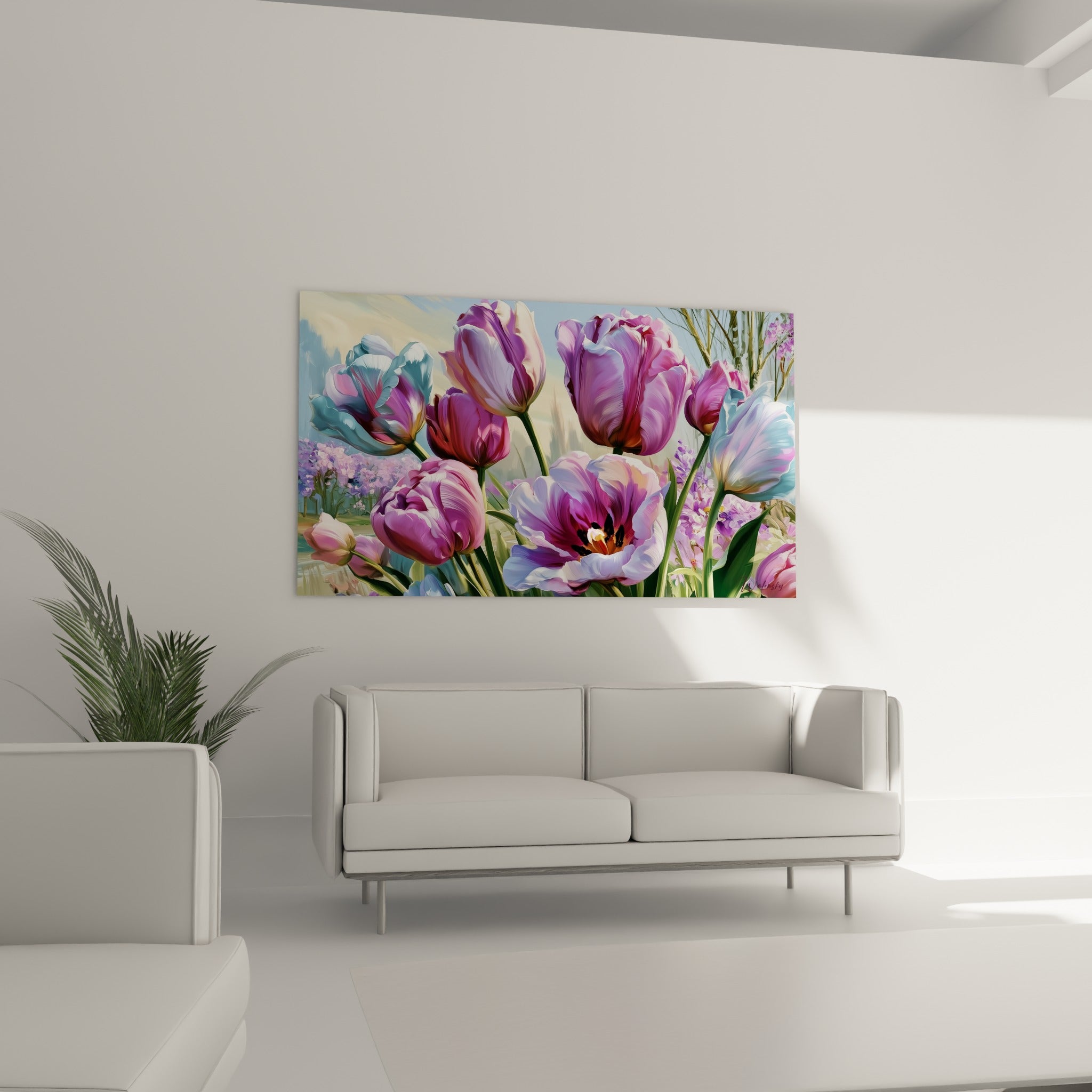 Fleurs de tulipes mauves et bleu pastel disposées au-dessus d'un canapé dans un salon lumineux
