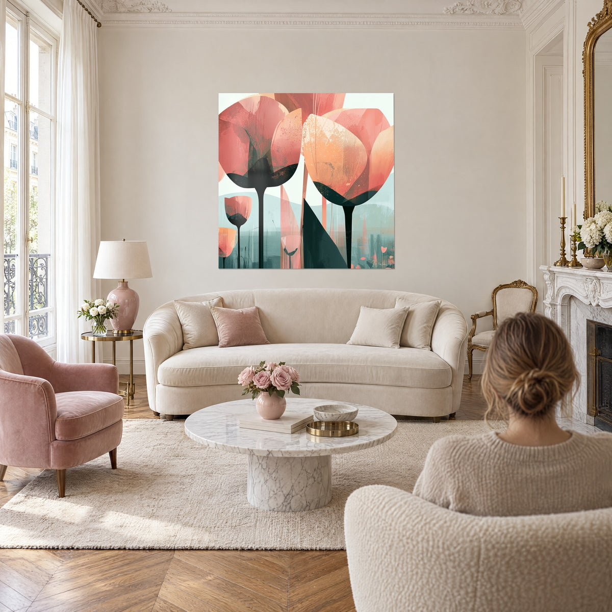 Tableau tulipes corail aux tiges anthracite, deux personnes de dos, au-dessus d'un canapé dans un salon lumineux
