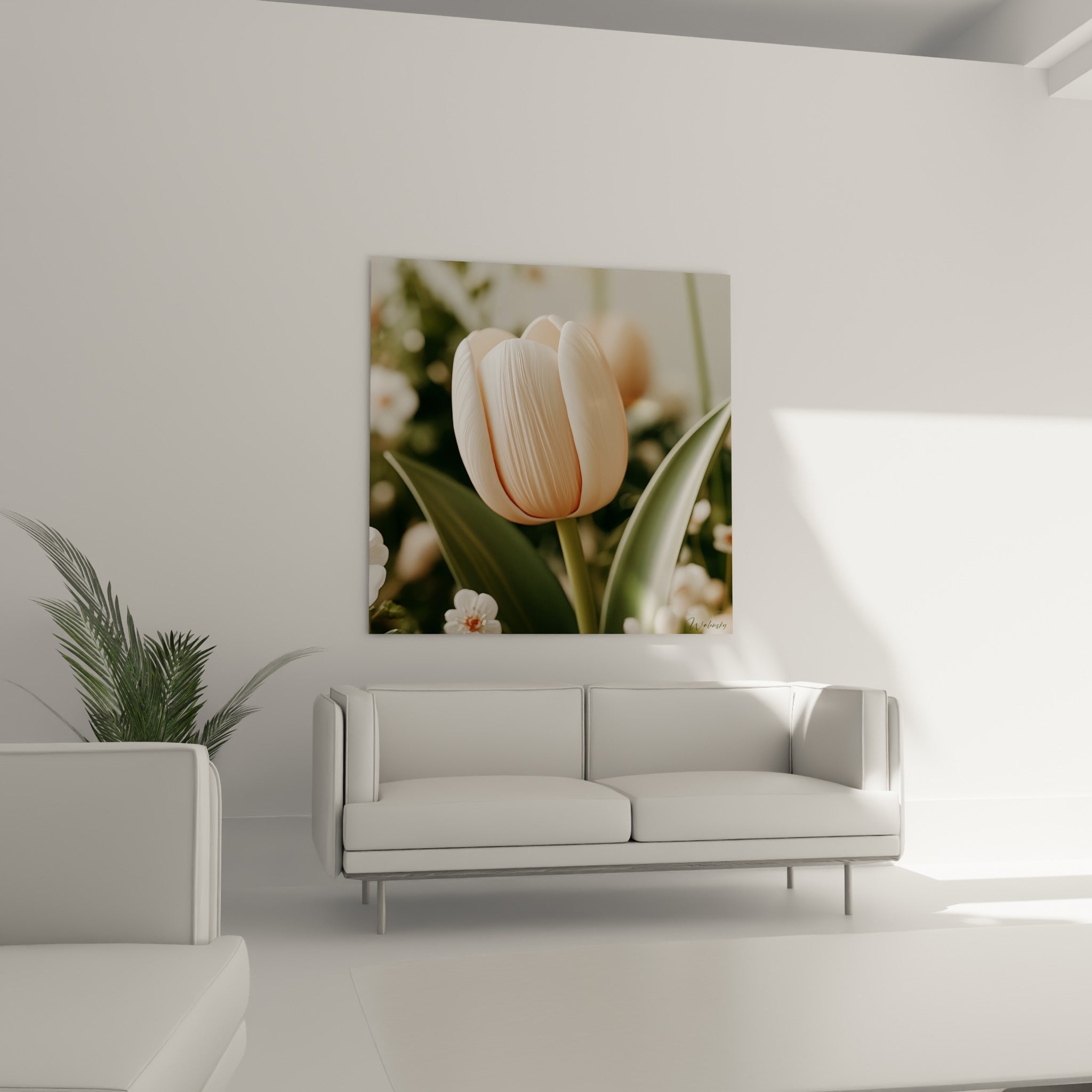 Fleur de tulipe ivoire et rose pâle, tige verte nette, au-dessus d'un canapé dans un salon lumineux