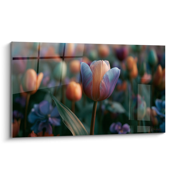 Tableau Tulipe pêche et bleu lignes géométriques transparentes - Champ flou en arrière-plan - Edition Tulipe