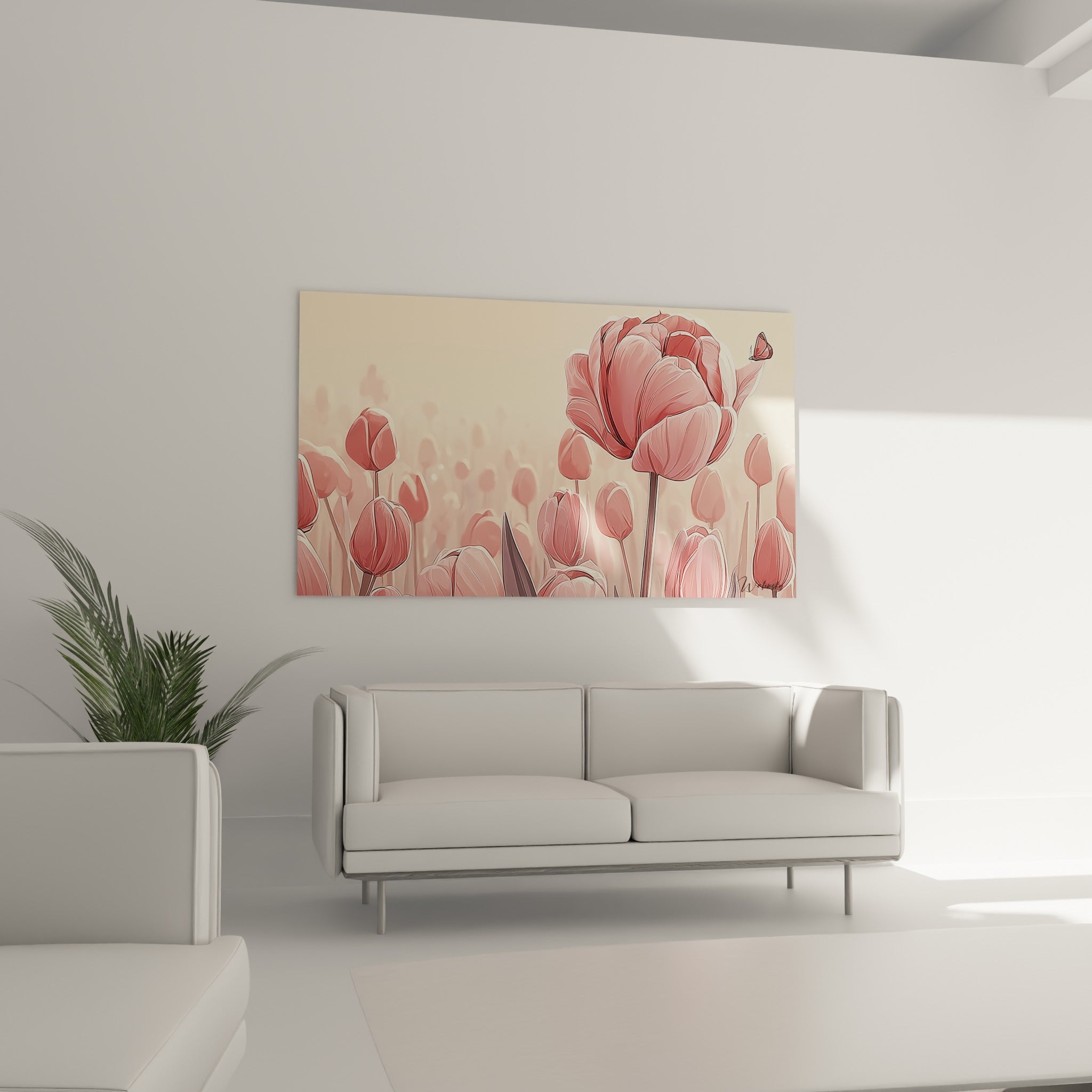 Fleur de tulipe rose et papillon accrochés au-dessus d'un canapé dans un salon lumineux