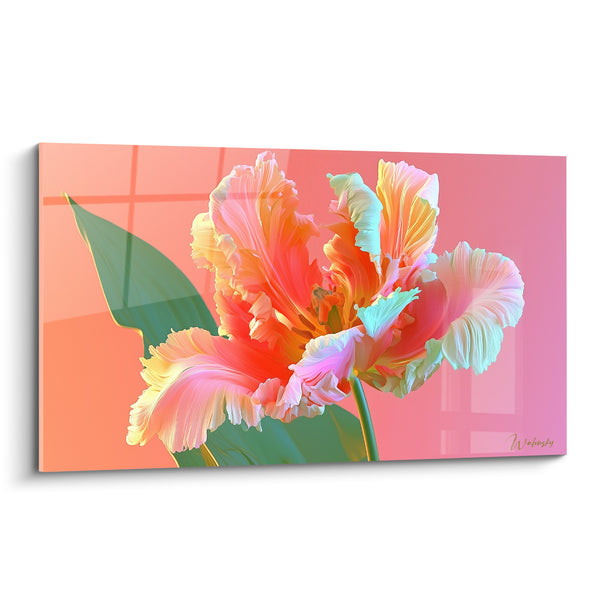 Tableau Tulipe perroquet corail et pêche aux pétales frangés - Grande feuille verte - Edition Tulipe