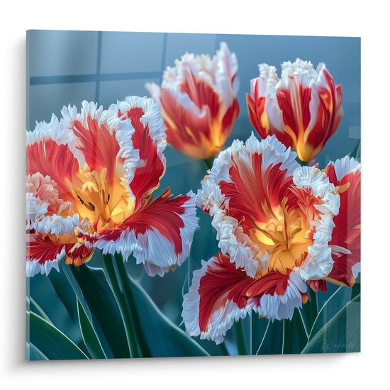 Tulipes perroquet rouge et blanc au cœur doré, pétales frangés sur fond bleu ardoise flou