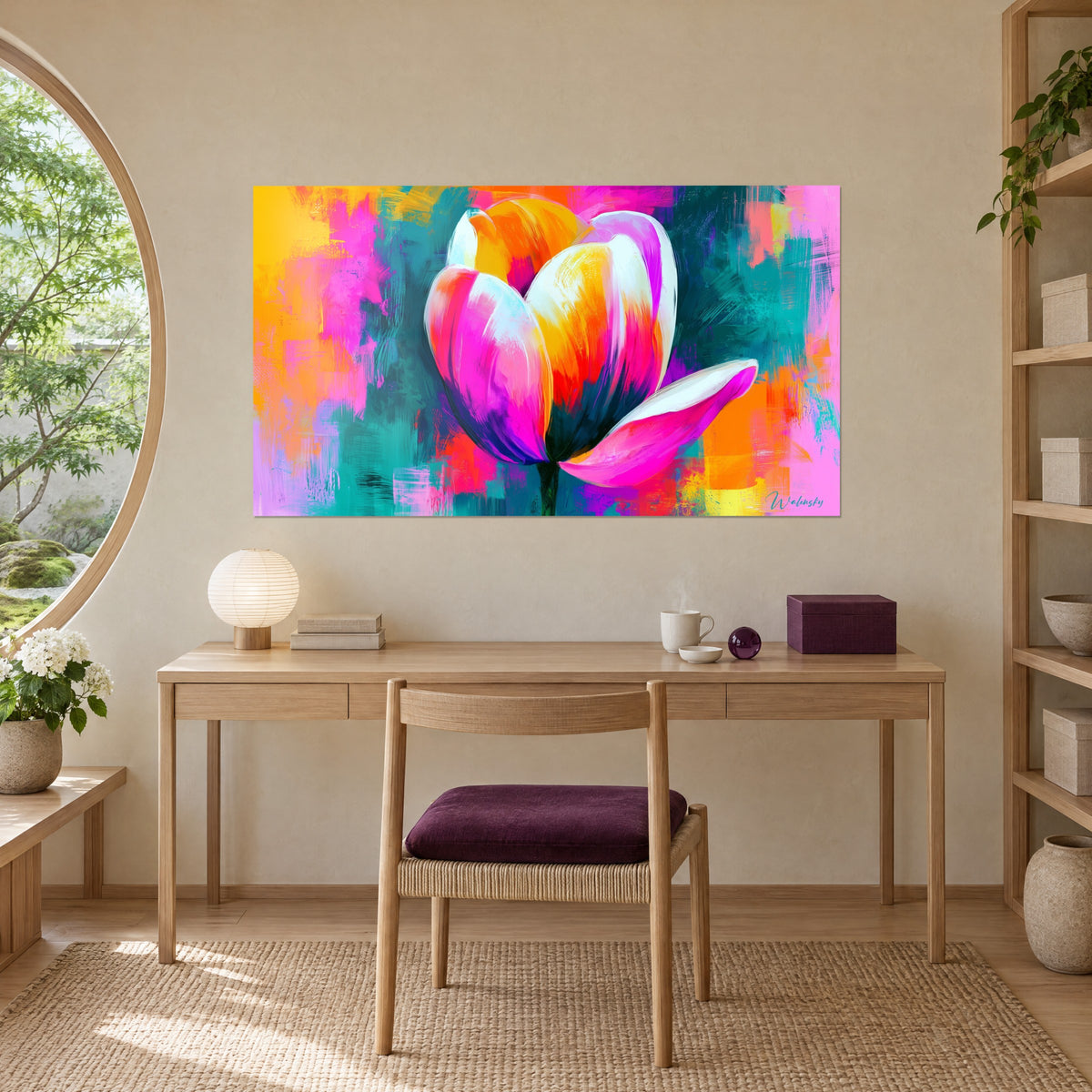Wall art loose petal in vivid pink and white, orange sparks on a blue-green background, on the wall of a light wood office