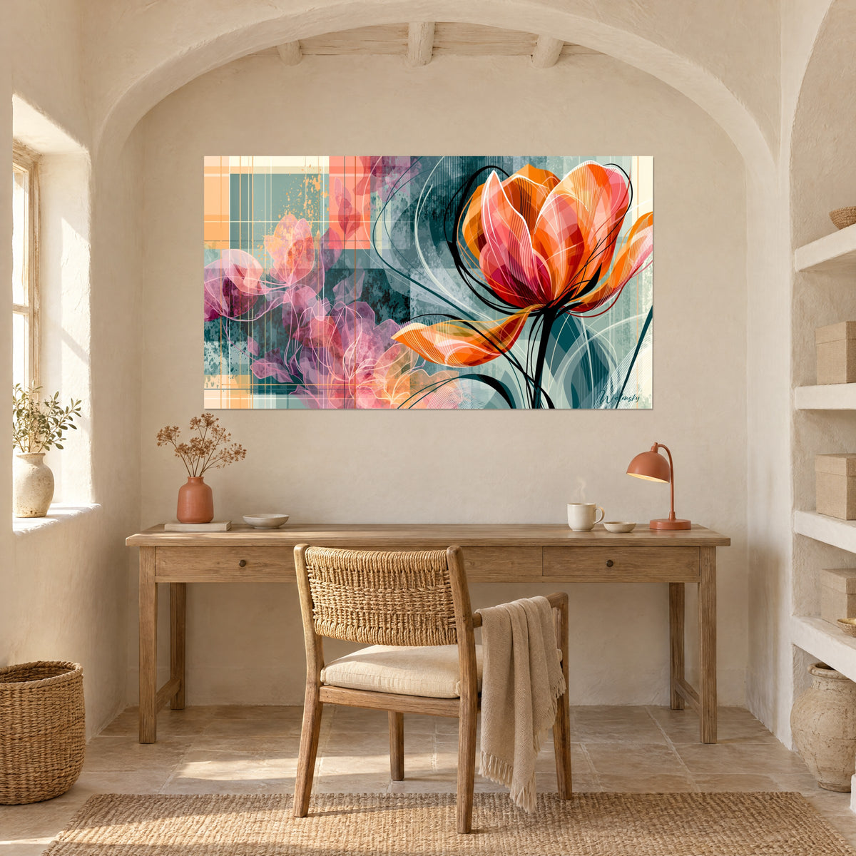 Tableau pétales ambre et fuchsia, quadrillage pastel crème et saumon, au-dessus d'un bureau en bois clair avec lampe rose terracotta