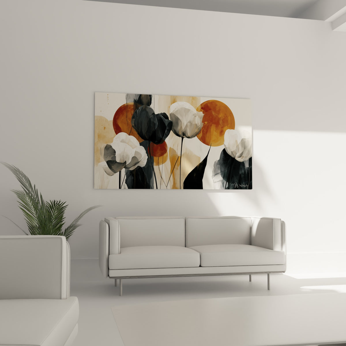 Pétales anthracite et beige du tableau Tulipe suspendus au-dessus d'un canapé dans un salon lumineux