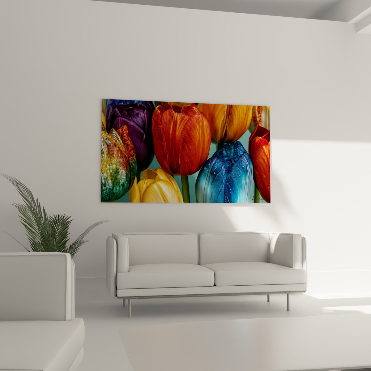 Pétales de tulipes orangés et bleu marine mouchetés de lumière, au-dessus d'un canapé dans un salon lumineux