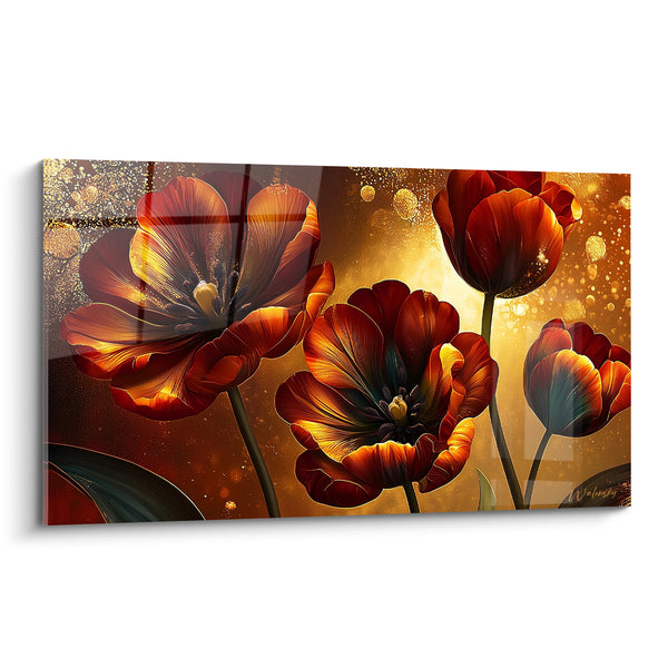 Tableau Tulipes ouvertes aux pétales bordeaux et dorés - Lumière intérieure - Edition Tulipe