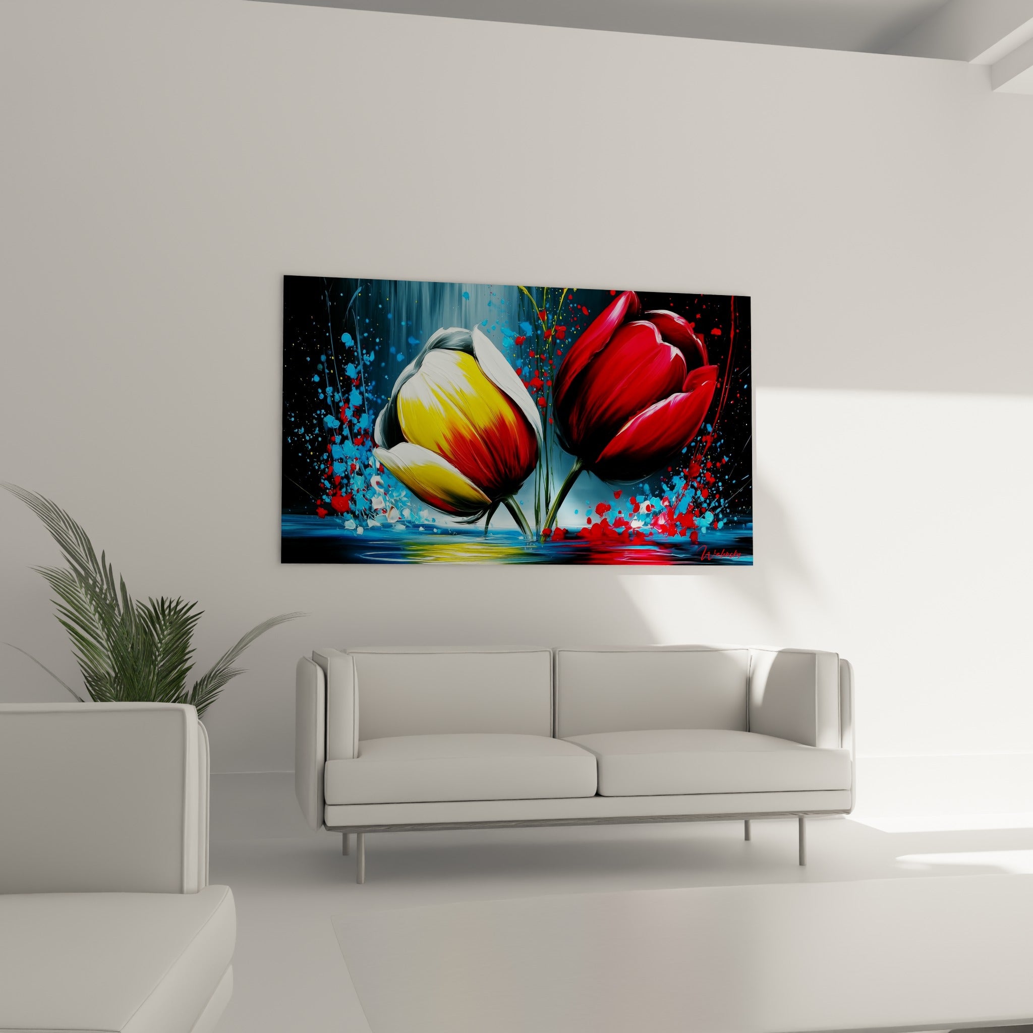 Pétales de tulipe rouge bordeaux et jaune vif au-dessus d'un canapé dans un salon lumineux