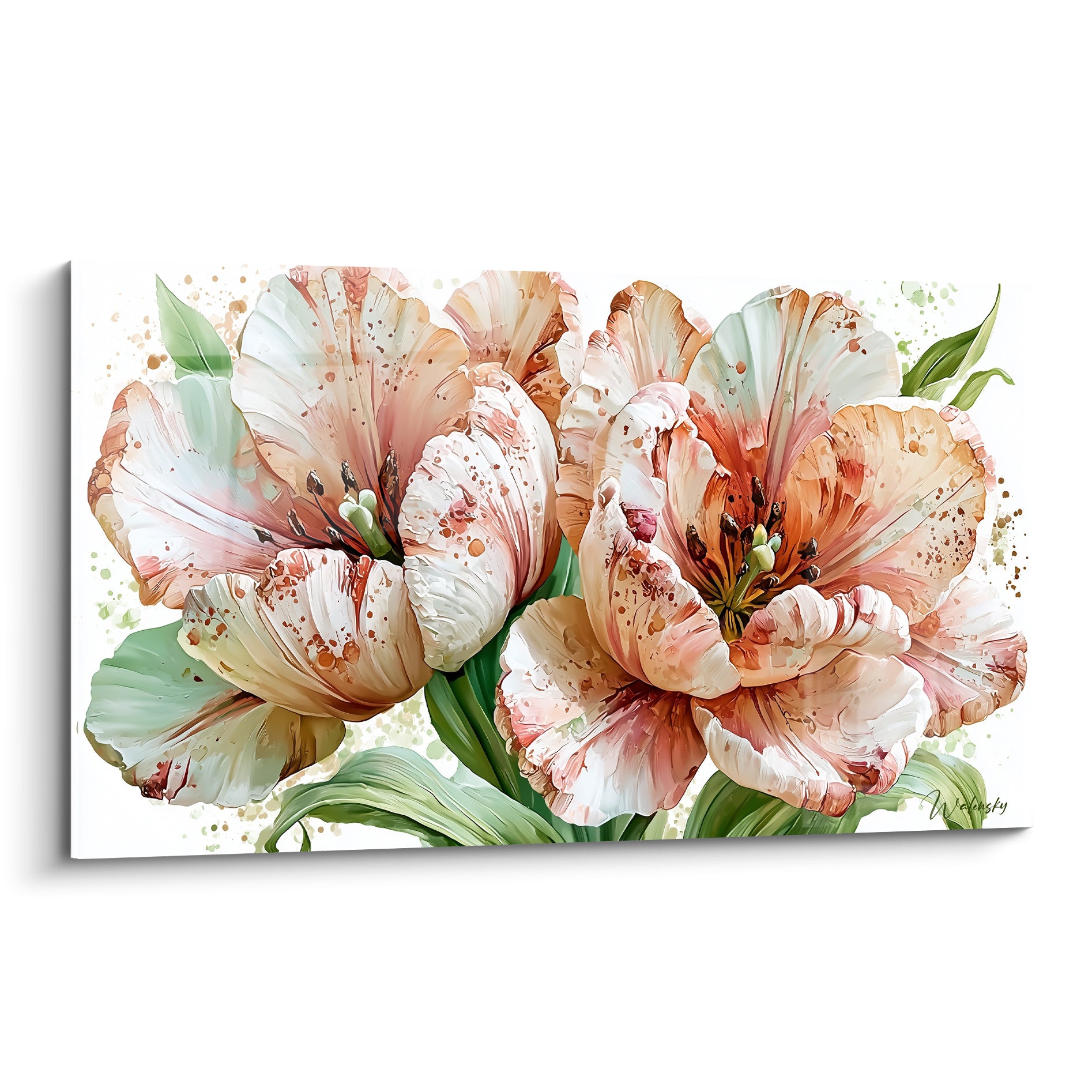 Tulipes roses et blanches aux pétales ondulés, éclaboussures dorées sur fond clair