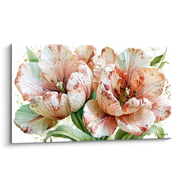 Tableau Tulipes blanches et corail aux pétales déployés - Éclaboussures aquarelle sur fond blanc - Edition Tulipe