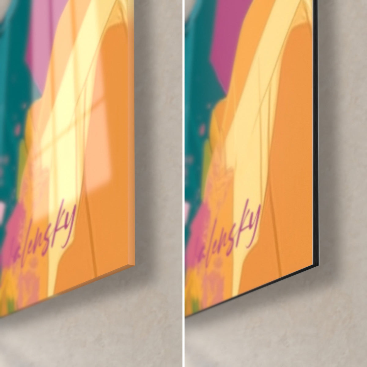 Tableau tulipe orange, coin bas droit : verre acrylique brillant à gauche, Dibond noir mat à droite, signature rose, tranche 3 mm