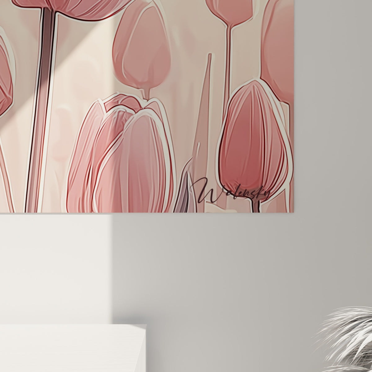 Détail des pétales roses et pêche de la tulipe, traits fins et coulures douces visibles de près