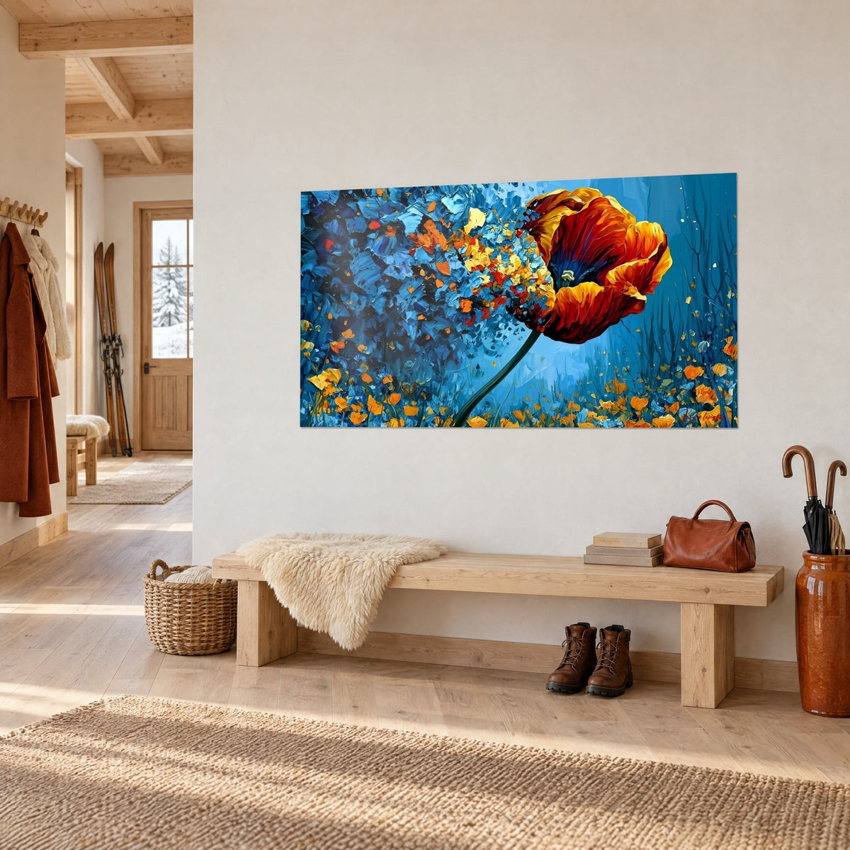 Tableau fleur écarlate à la corolle flamboyante dont les pétales se dispersent en confettis azur, dans un chalet