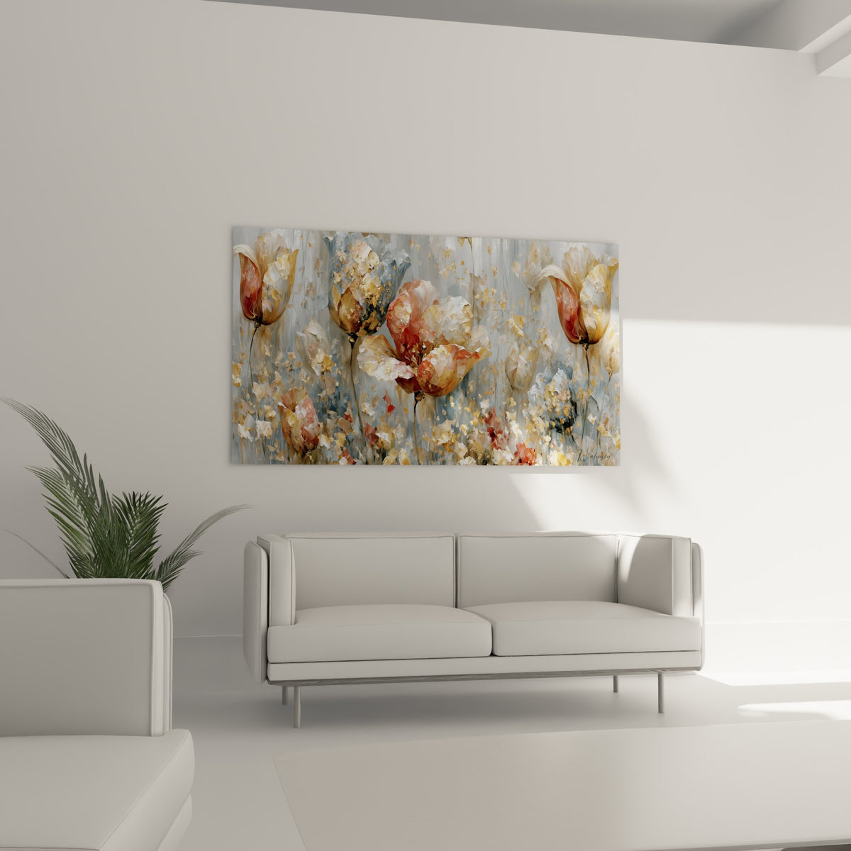 Pétales de tulipe rose poudré et or se détachent sur fond gris, suspendus au-dessus d'un canapé dans un salon lumineux