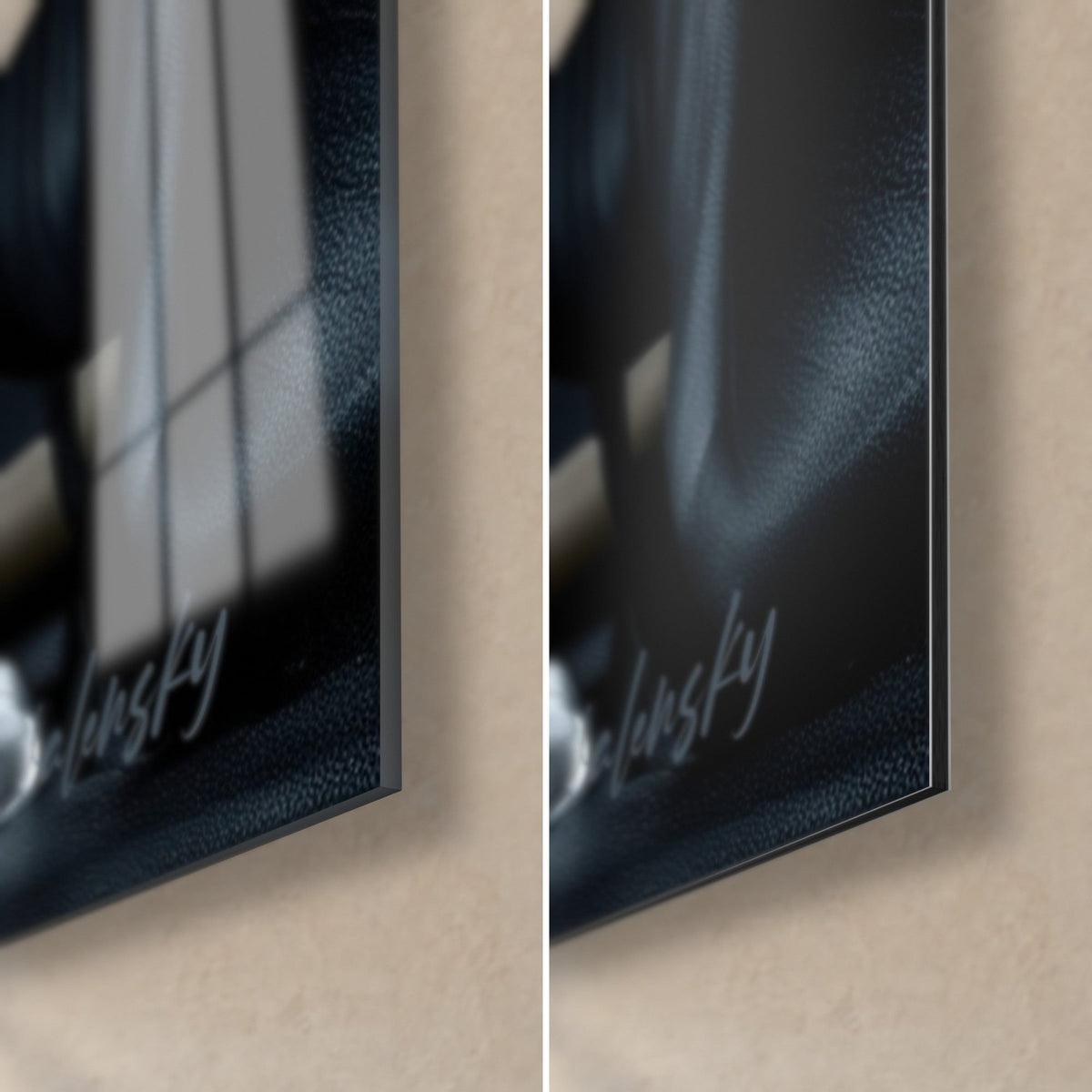 Wall art vermilion and gold tulip, bottom right corner: glossy acrylic glass on the left, matte black Dibond aluminum on the right, 3 mm edge