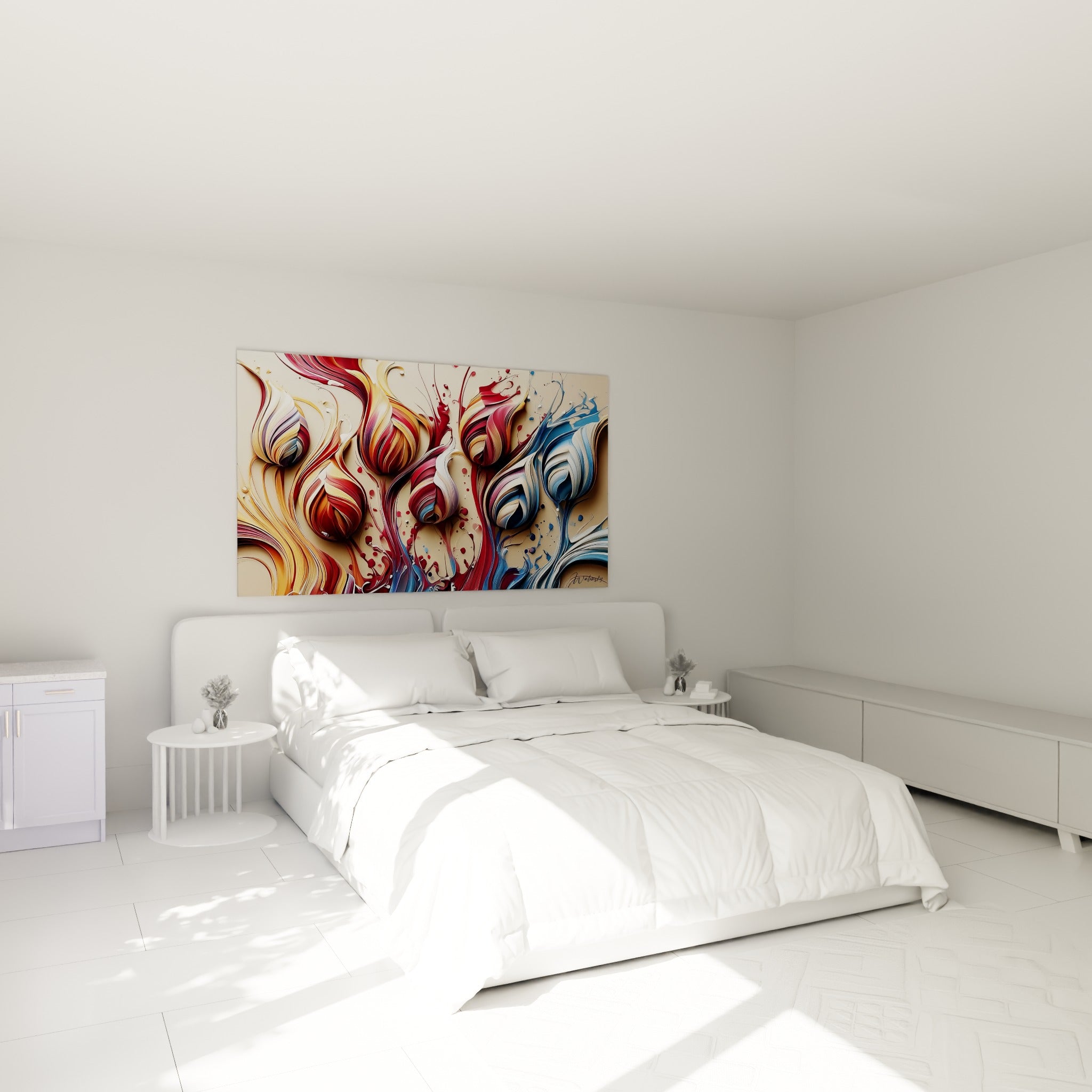 Pétales dorés et bleu ardoise en volutes fluides, œuvre Tulipe au-dessus d'un lit dans une chambre claire