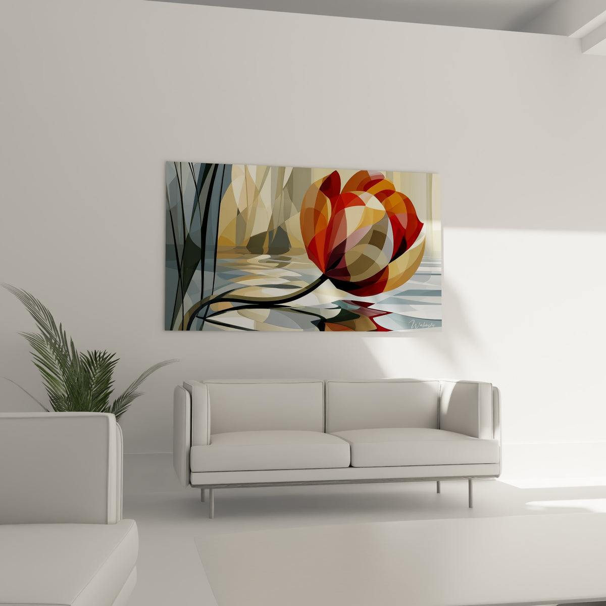 Pétales géométriques ocre et rouge profond de la tulipe, tableau disposé au-dessus d'un canapé dans un salon lumineux