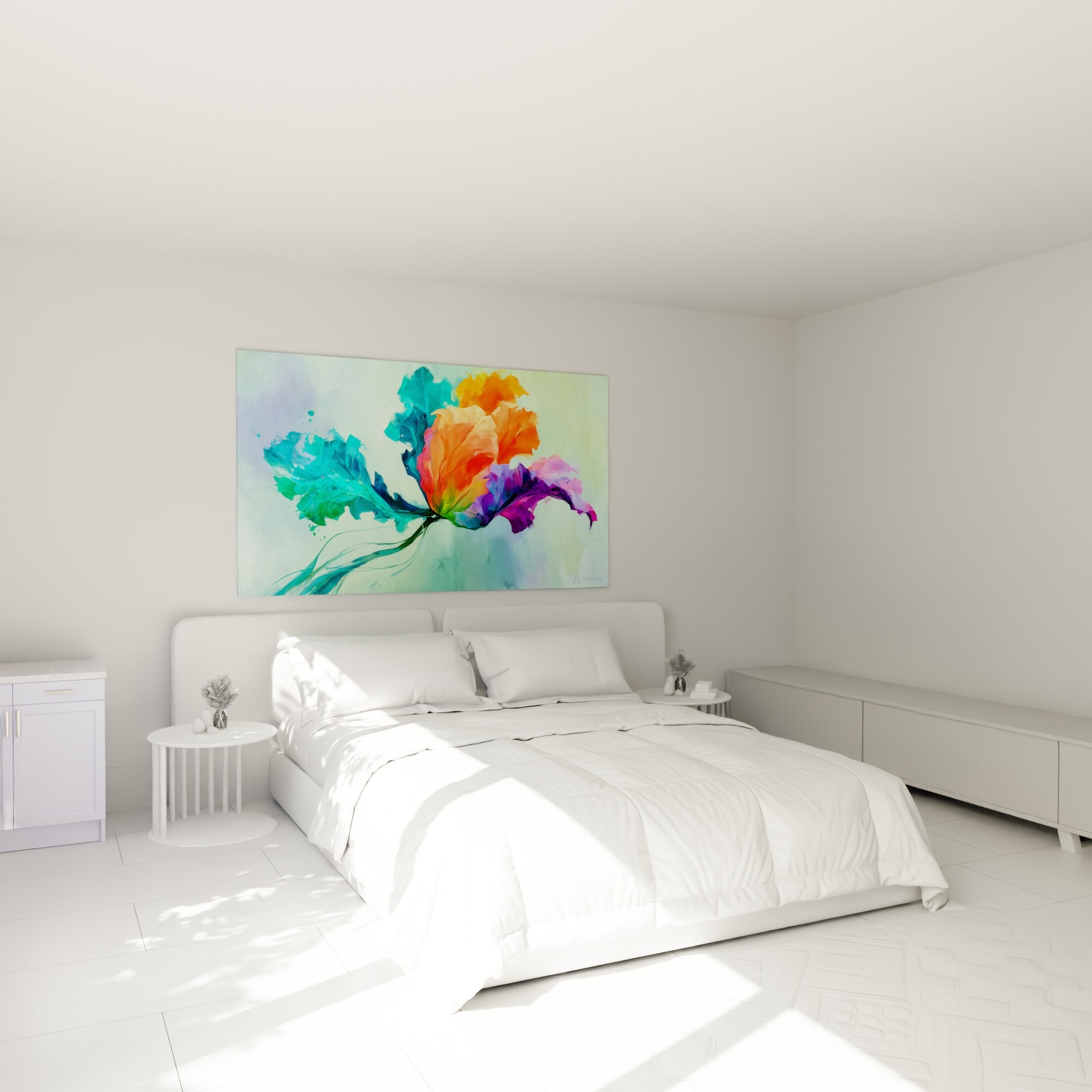 Pétales orange et violets d'une tulipe stylisée turquoise, accrochée au-dessus d'un lit dans une chambre claire