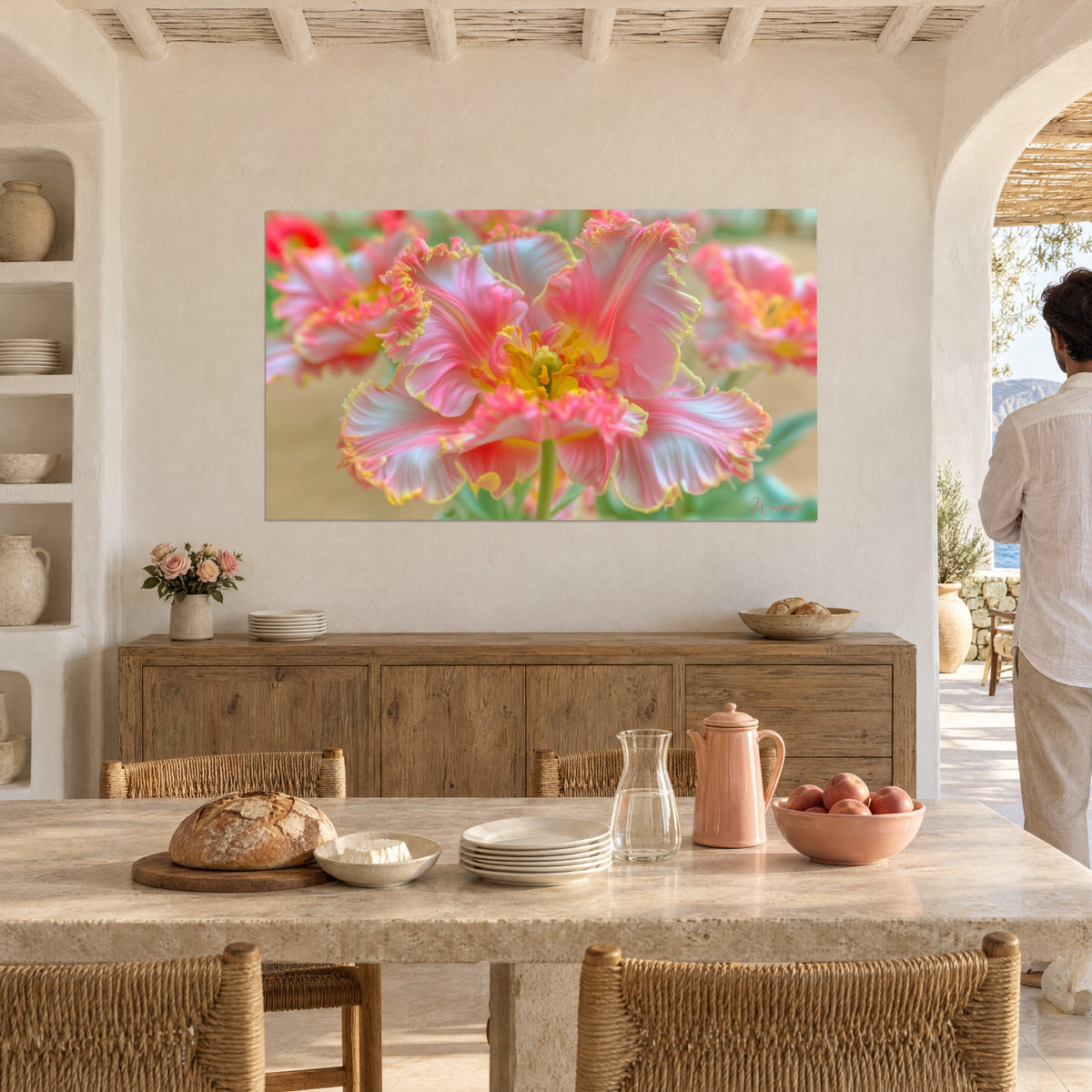 Wall art bouquet of pink petals with golden fringes, orange stamens, facing a living room with white walls and beige stone