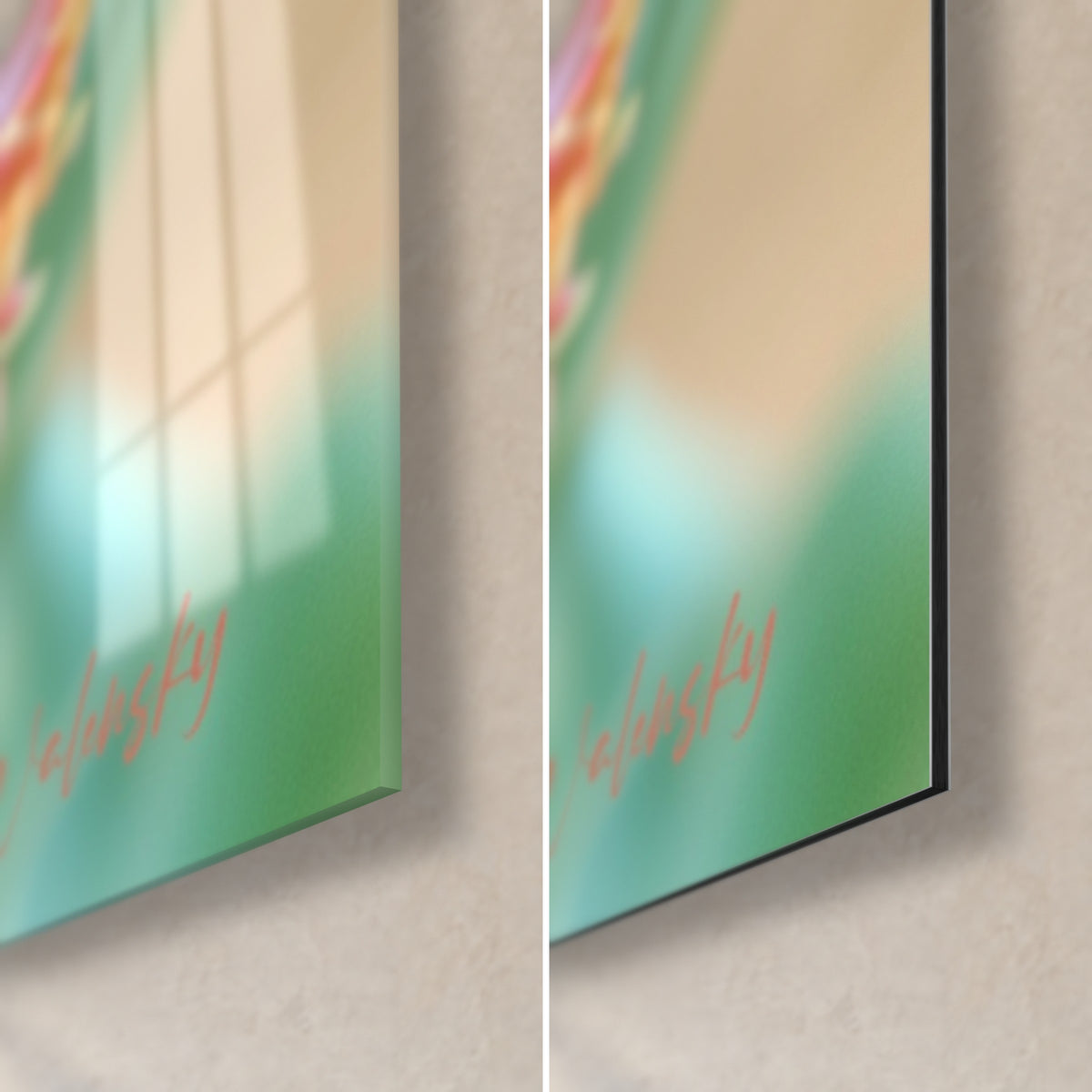 Wall art pink and yellow fringed tulip, bottom right corner in glossy reflective acrylic glass and matte green Dibond aluminum, 3 mm thick