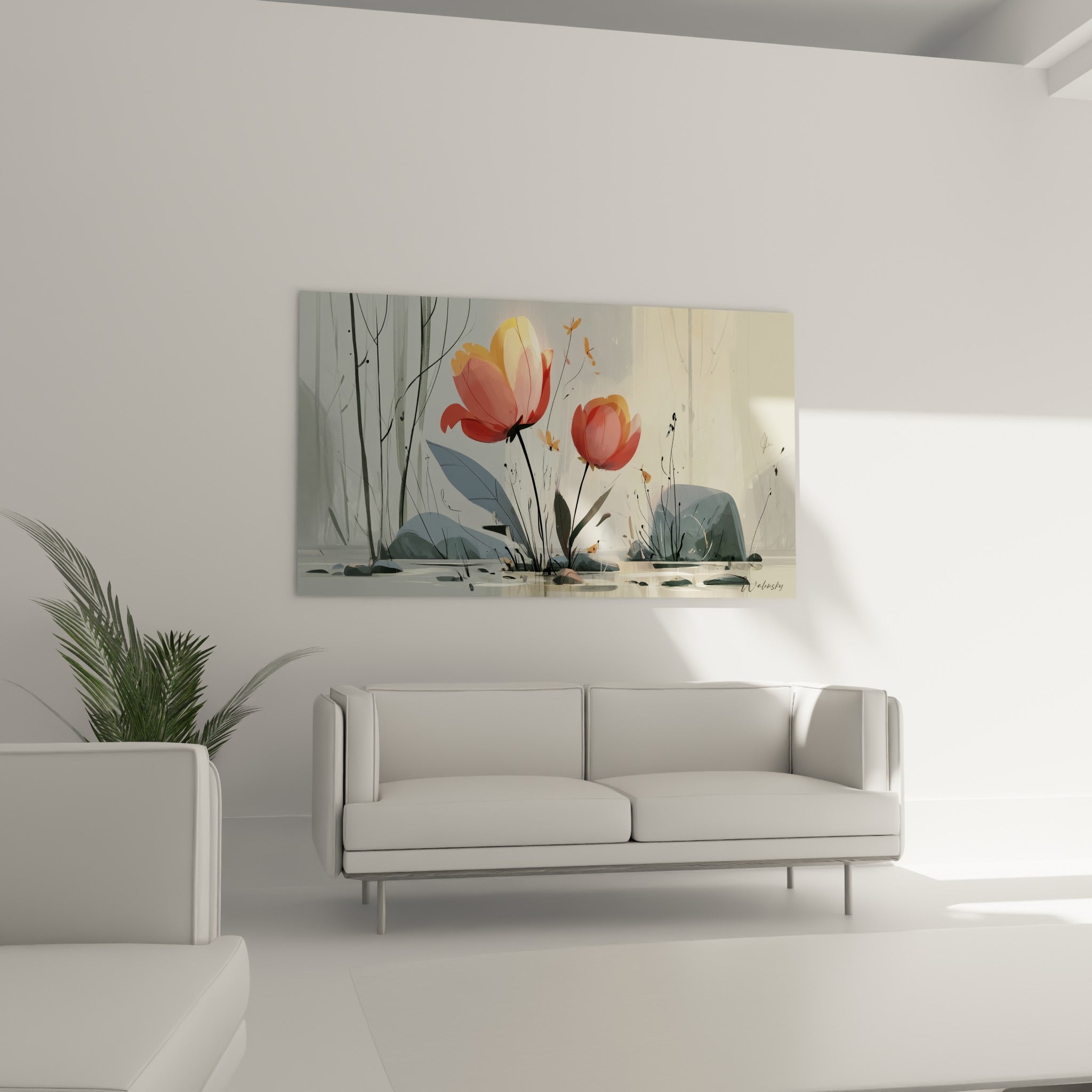 Pétales rose corail et tiges noires graphiques sur fond gris, au-dessus d'un canapé dans un salon lumineux