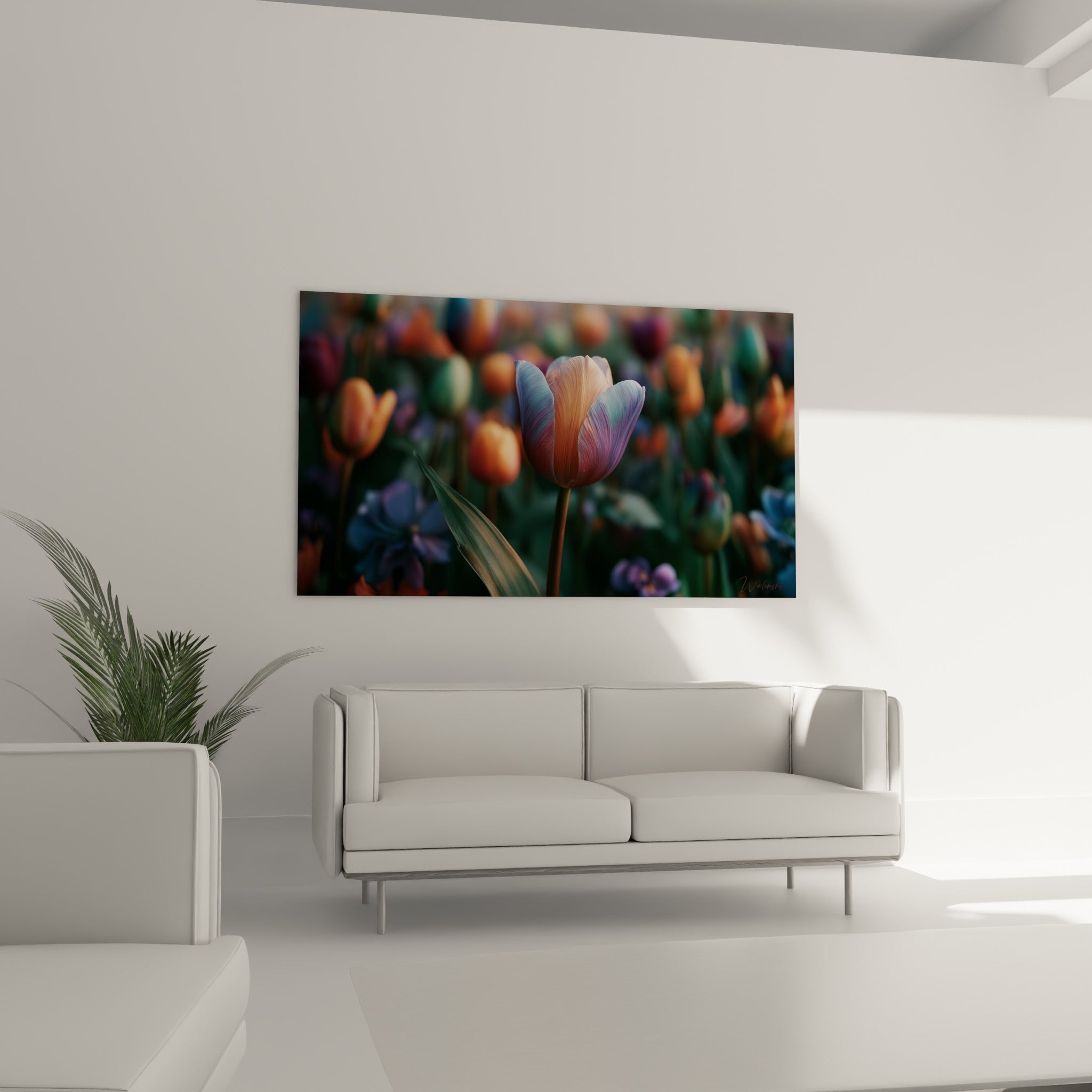 Pétales bleu lavande et pêche d'une tulipe suspendue au-dessus d'un canapé dans un salon lumineux