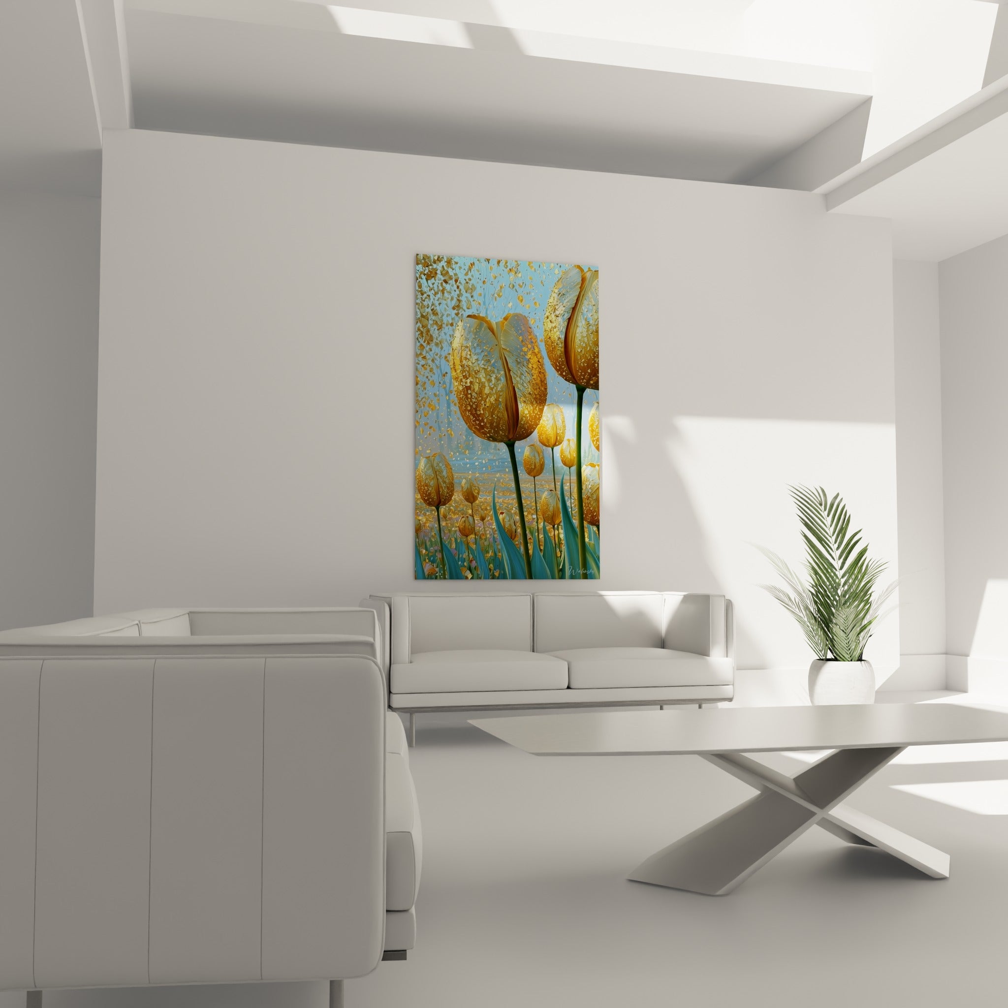 Pétales dorés mouchetés de tulipes contrastent avec le ciel turquoise, au-dessus d'un canapé dans un salon lumineux