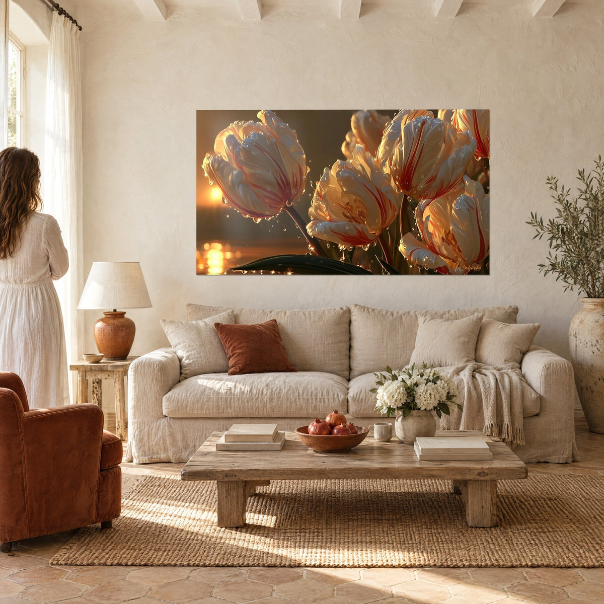 Tableau tulipes blanches striées de rouge perlées de rosée, soleil orangé en reflet, femme de dos au-dessus d'un canapé dans un salon lumineux