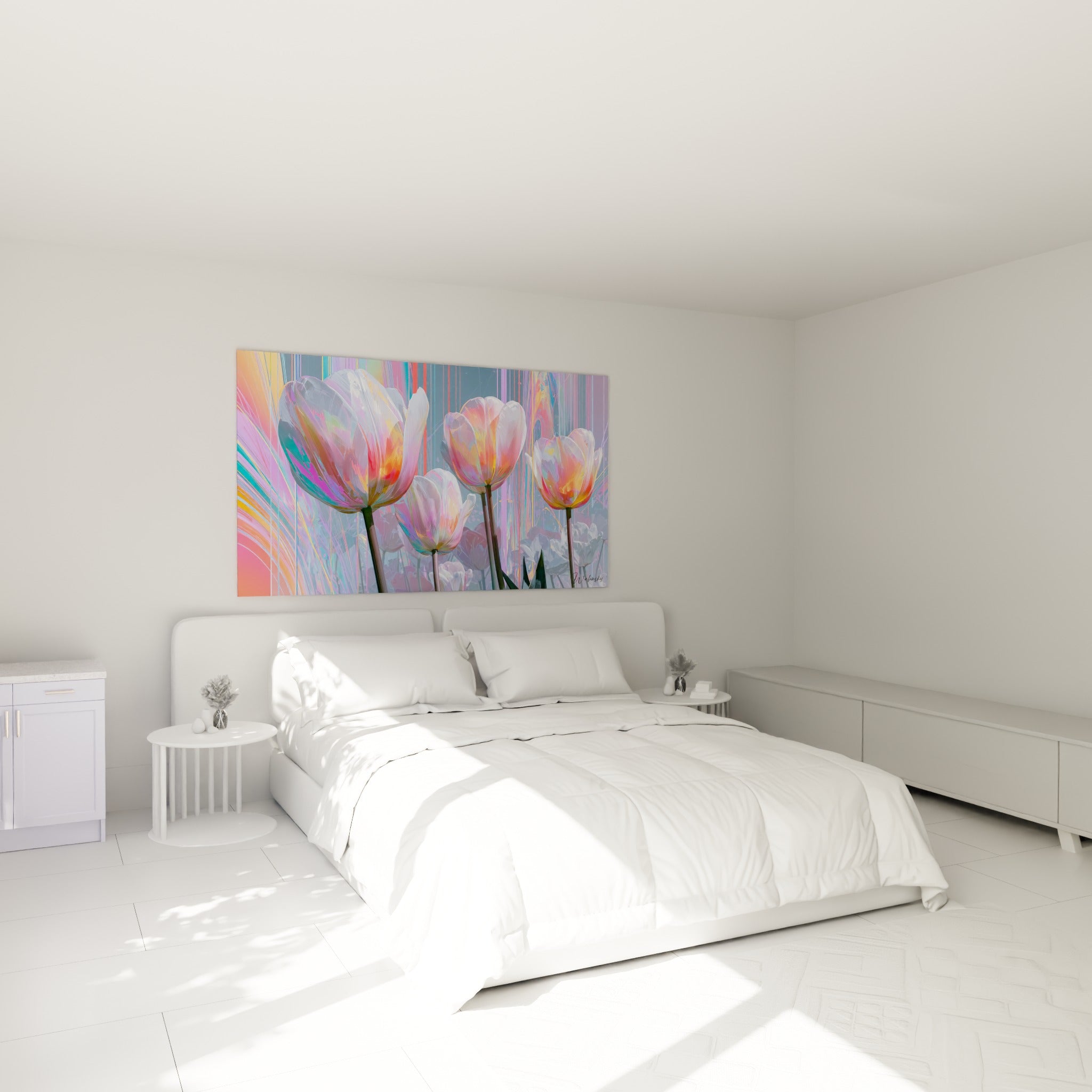 Pétales nacrés corail et violets des tulipes accrochés au-dessus d'un lit dans une chambre claire