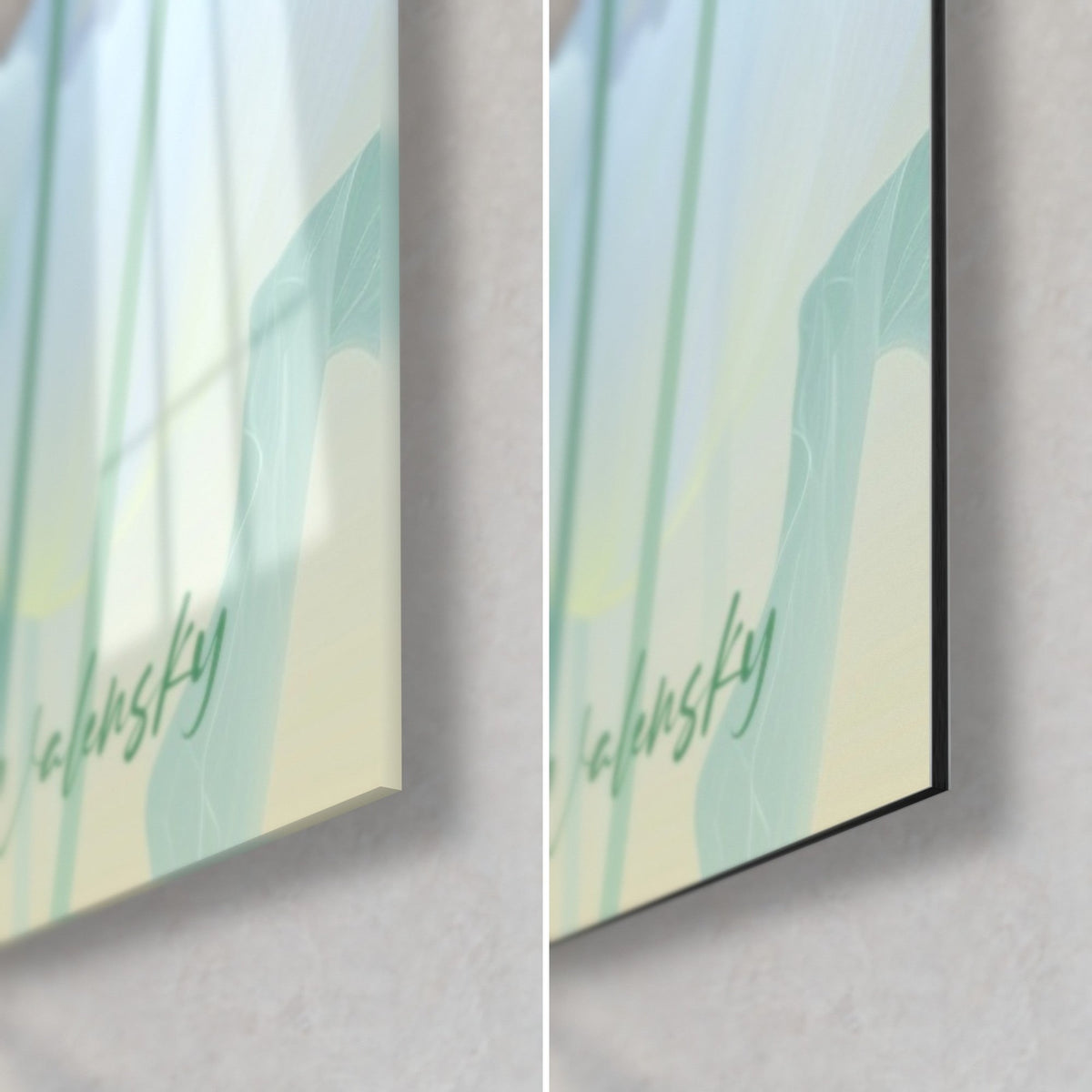 Schilderij doorschijnende tulpen, Walensky-handtekening in mintgroen, zacht geel, glanzend glas en mat zwart Dibond, 3 mm dik