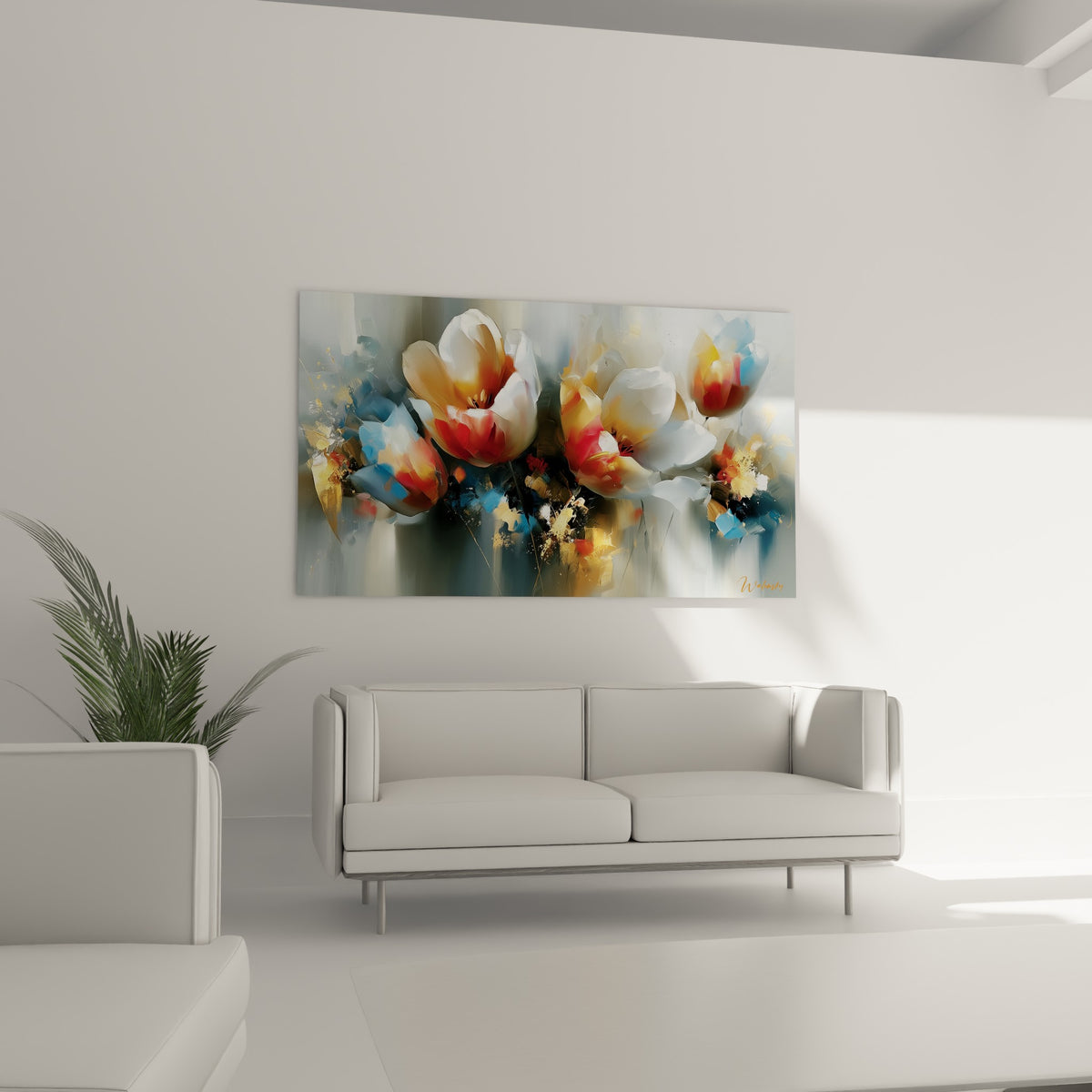 Fleurs de tulipe blanches et roses aux nuances ocre, suspendues au-dessus d'un canapé dans un salon lumineux