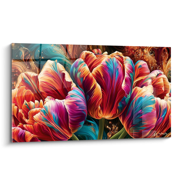 Tableau Tulipes orange et turquoise aux nervures chatoyantes - Fond tourbillonnant doré - Edition Tulipe
