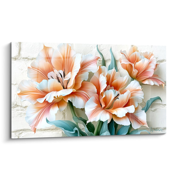 Tableau Tulipes blanches et pêche aux pétales ondulés - Mur de brique blanche - Edition Tulipe