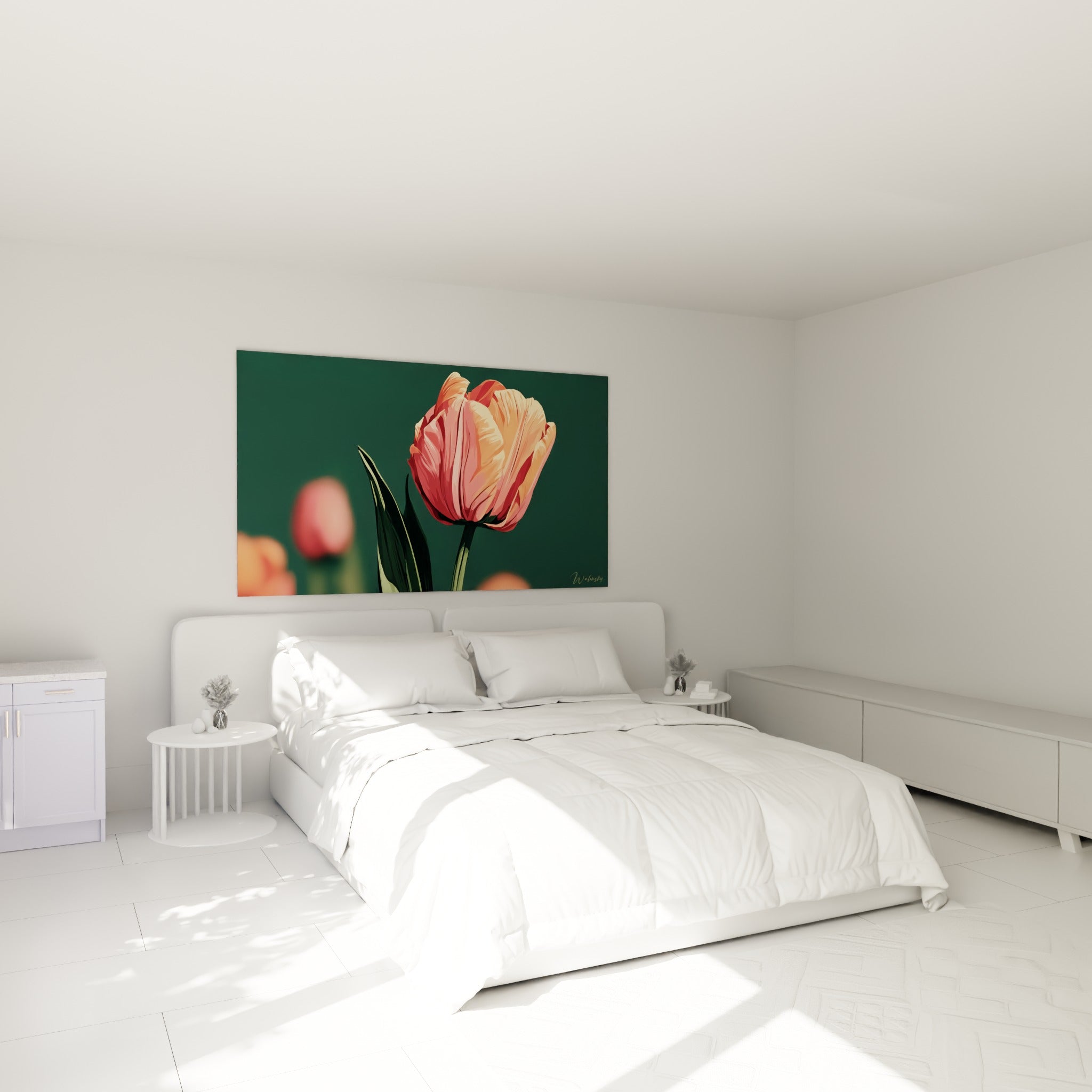Pétales corail et pêche d'une tulipe illustrée au-dessus d'un lit dans une chambre claire