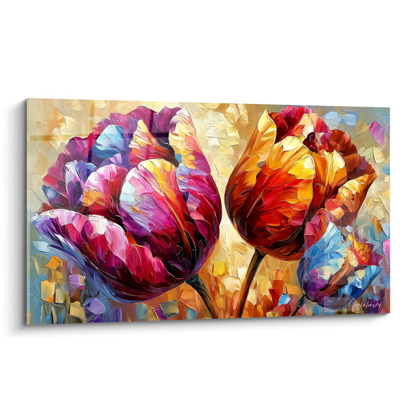 Tableau Tulipes pourpres et orangées aux pétales texturés - Touches de peinture épaisse - Edition Tulipe