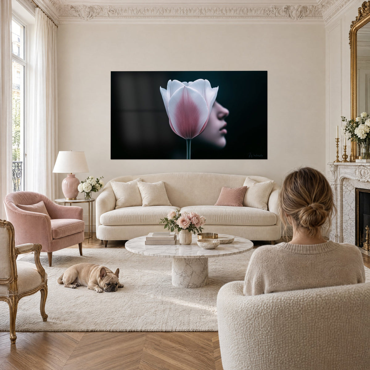 Tableau tulipe blanche aux pétales rosés, profil de femme flou sur fond noir, au-dessus d'un canapé dans un salon lumineux