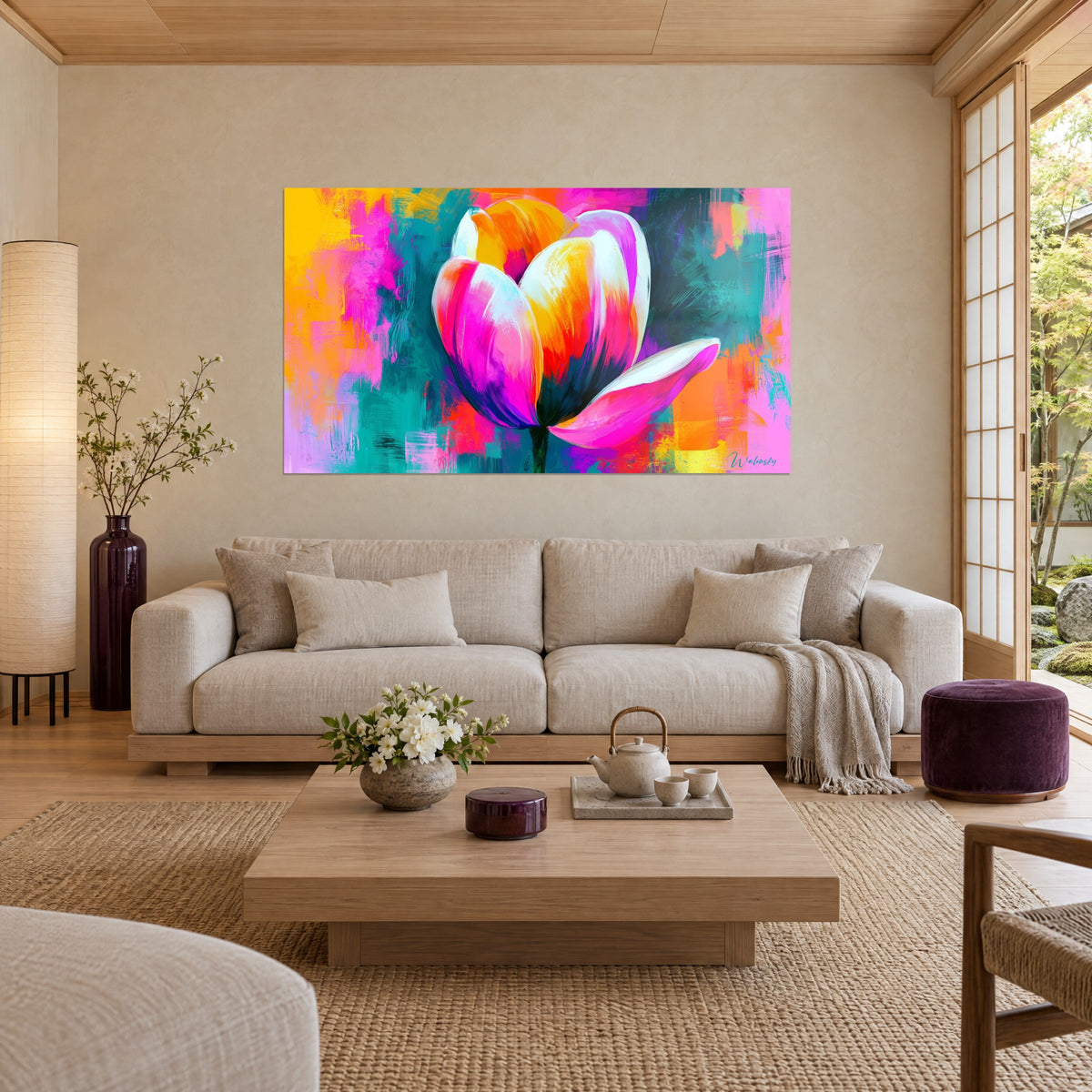 Wall art tulip with fuchsia and saffron yellow petals on a turquoise background, hung above a sofa in a bright living room