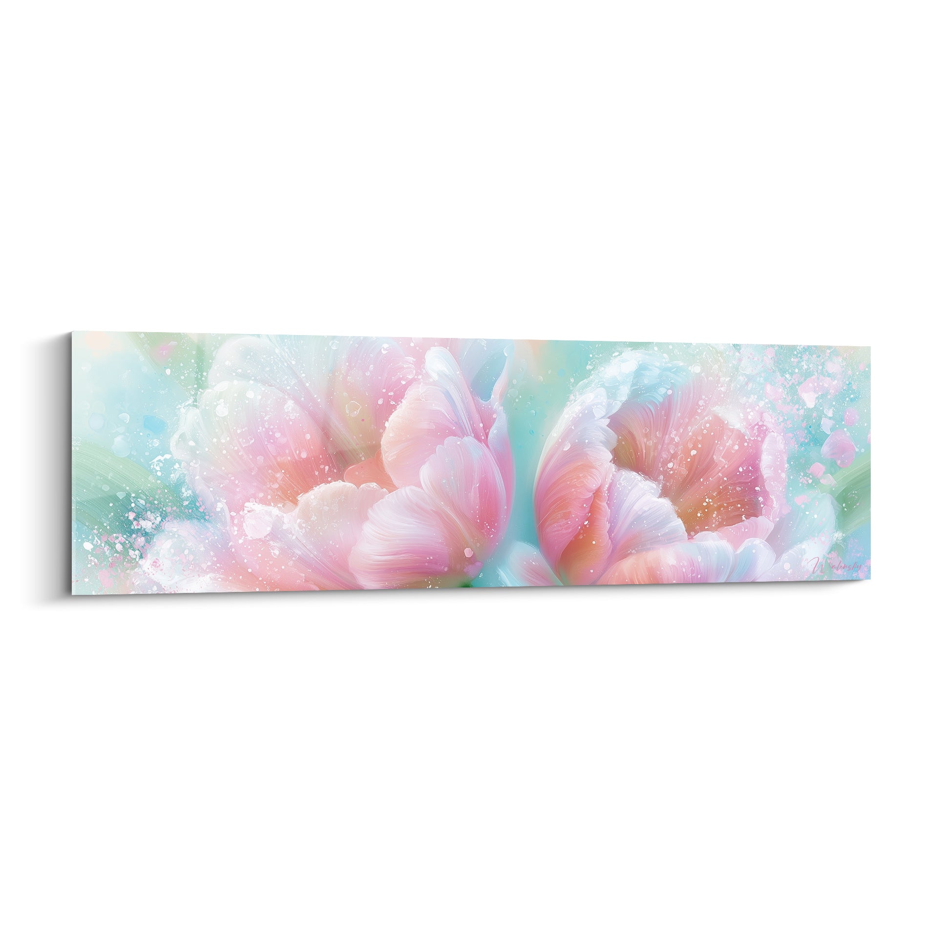 Tulipes roses aux pétales éclatés sur fond menthe et bleu pastel, style aquarelle lumineux
