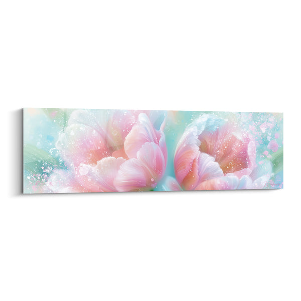 Tableau Tulipes rose et turquoise aux pétales éclaboussés - Effet d'écume givrée - Edition Tulipe