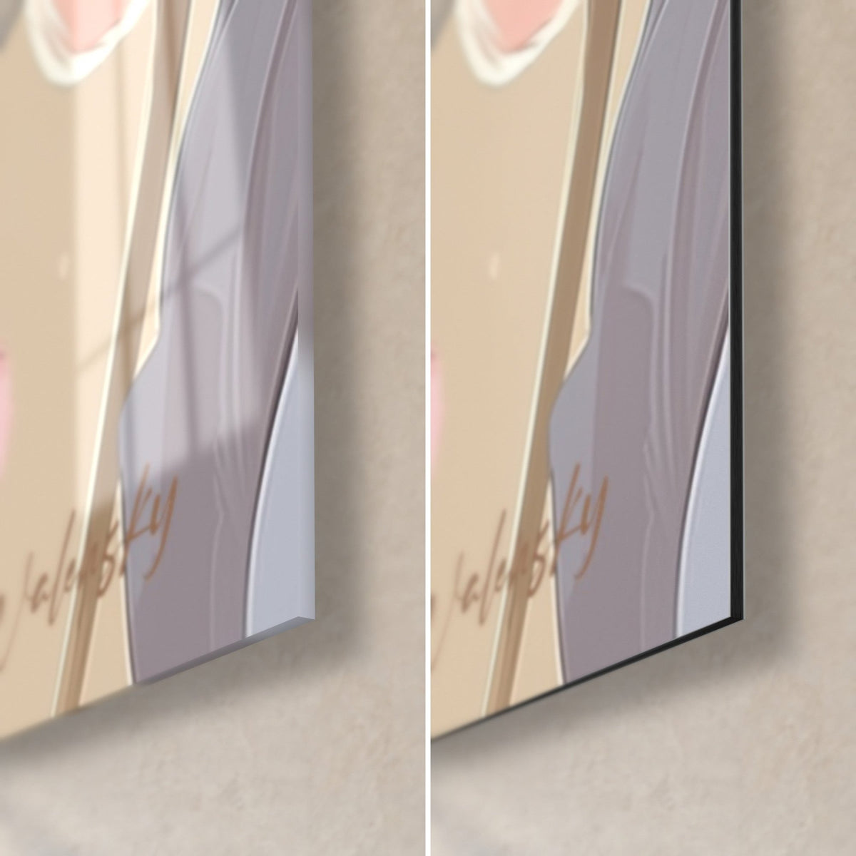 Tableau tulipes rose et gris lavande, coin bas droit, verre acrylique brillant à gauche, Dibond noir mat et tranche de 3 mm à droite