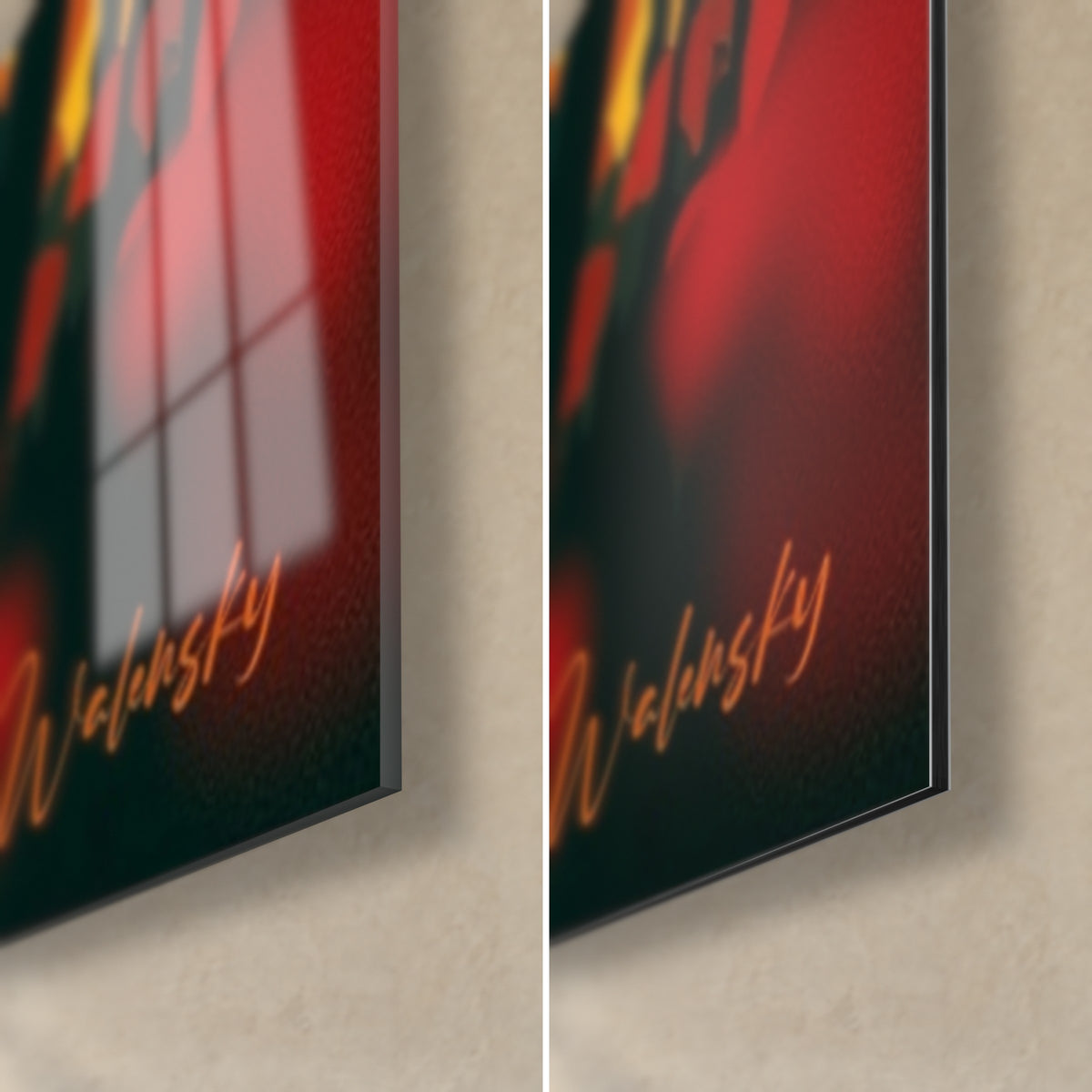 Tableau tulipe rouge et jaune, coin bas droit : verre acrylique brillant aux reflets de fenêtre, alu Dibond noir mat, tranche de 3 mm