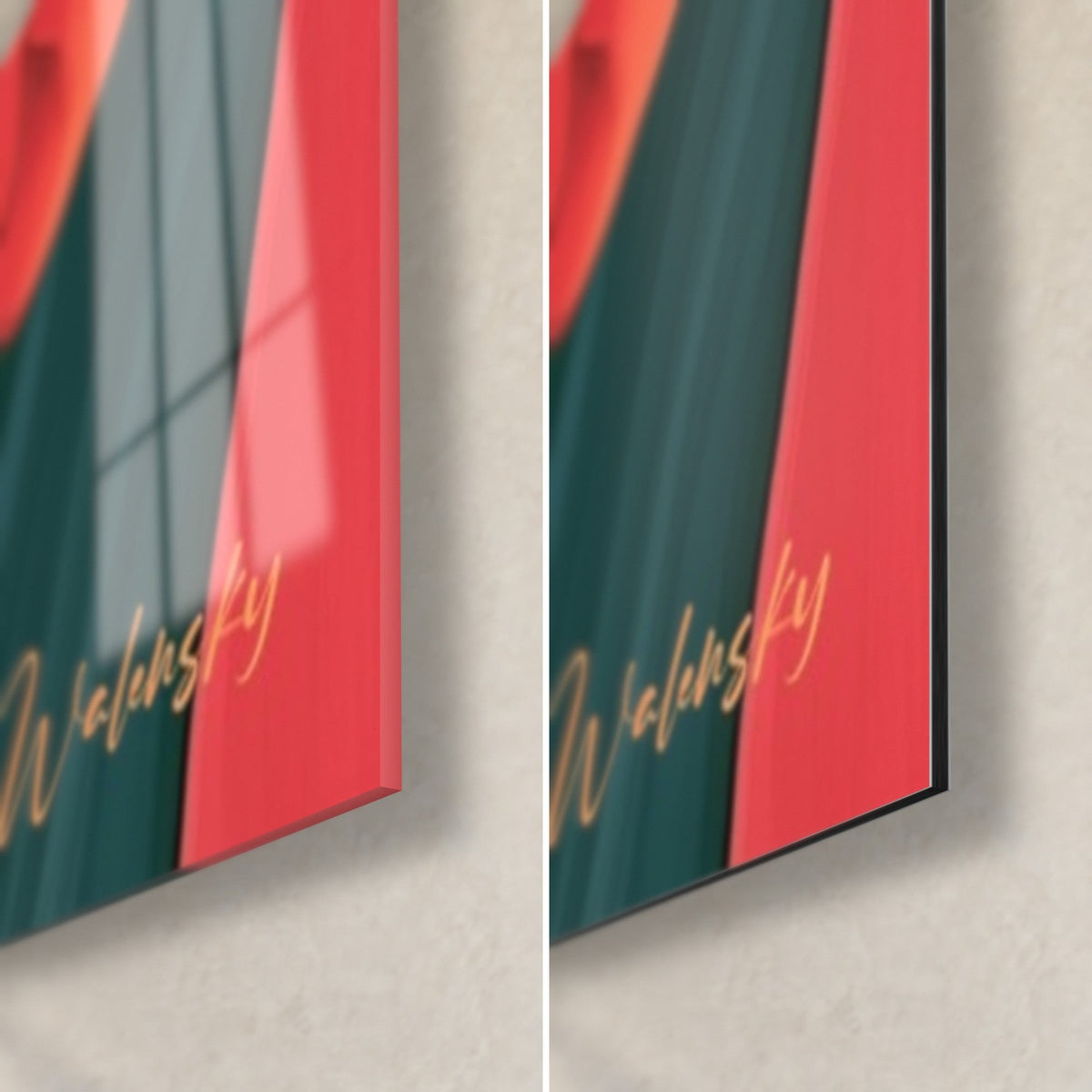 Schilderij felrode tulp, rechtsonder: glanzend acrylglas links, mat zwart Dibond-aluminium rechts, gouden signatuur