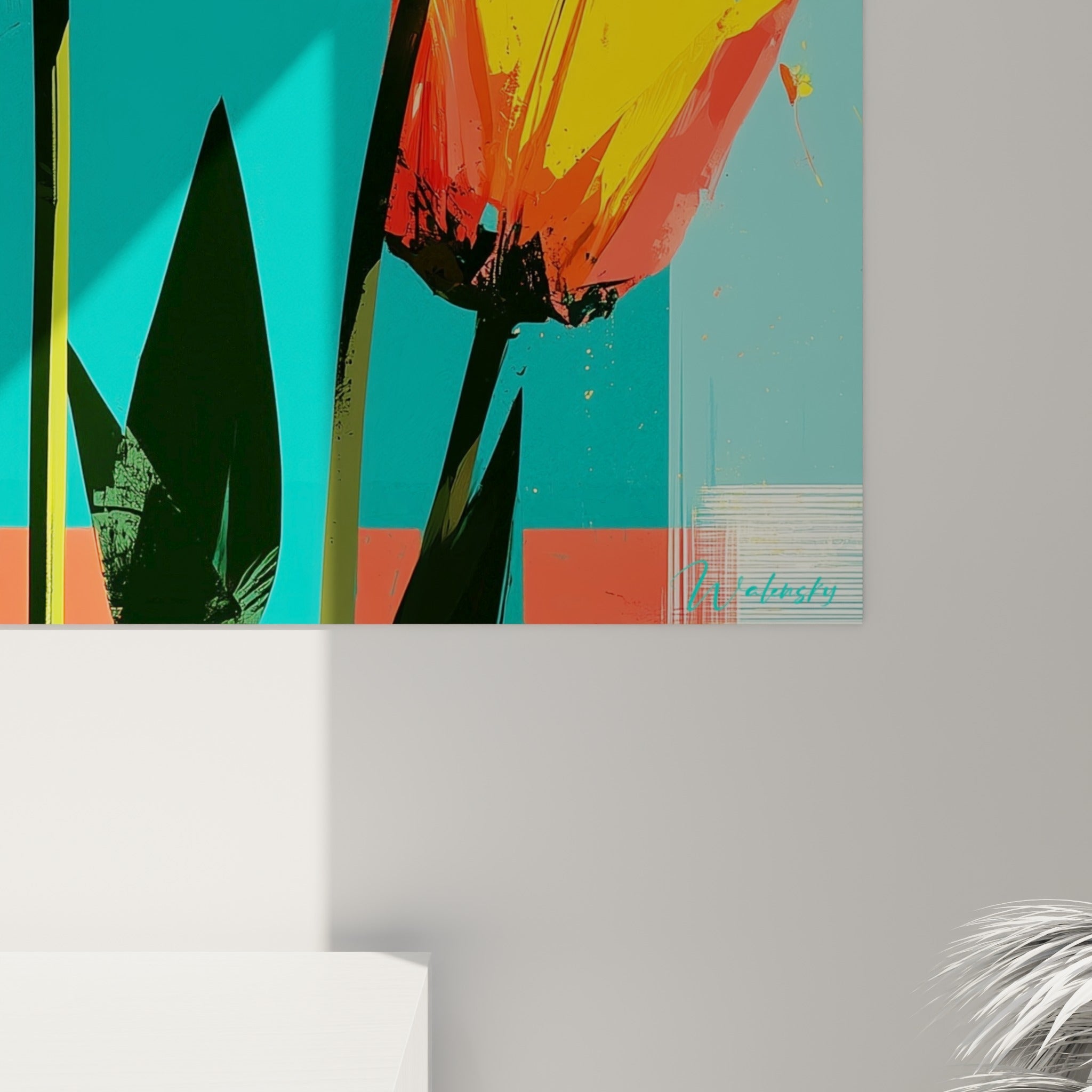 Détail des pétales rouges et blancs de tulipes montrant les empâtements et coulures sur turquoise