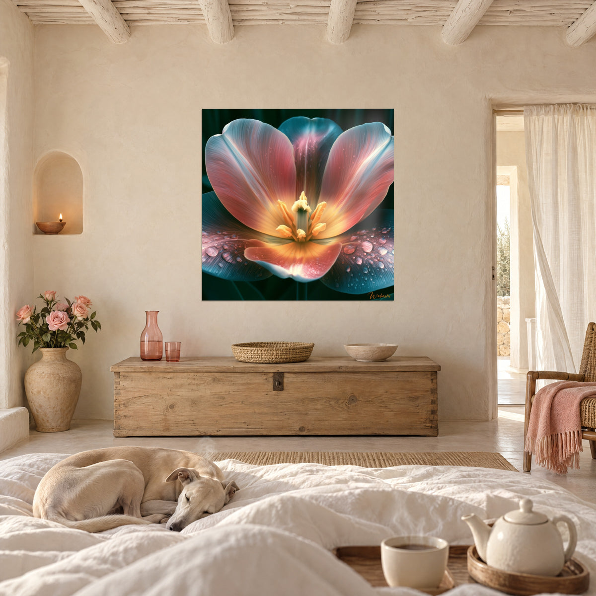 Wall art of salmon petals fading into blues, golden stamens, hung above a bed in a light bedroom
