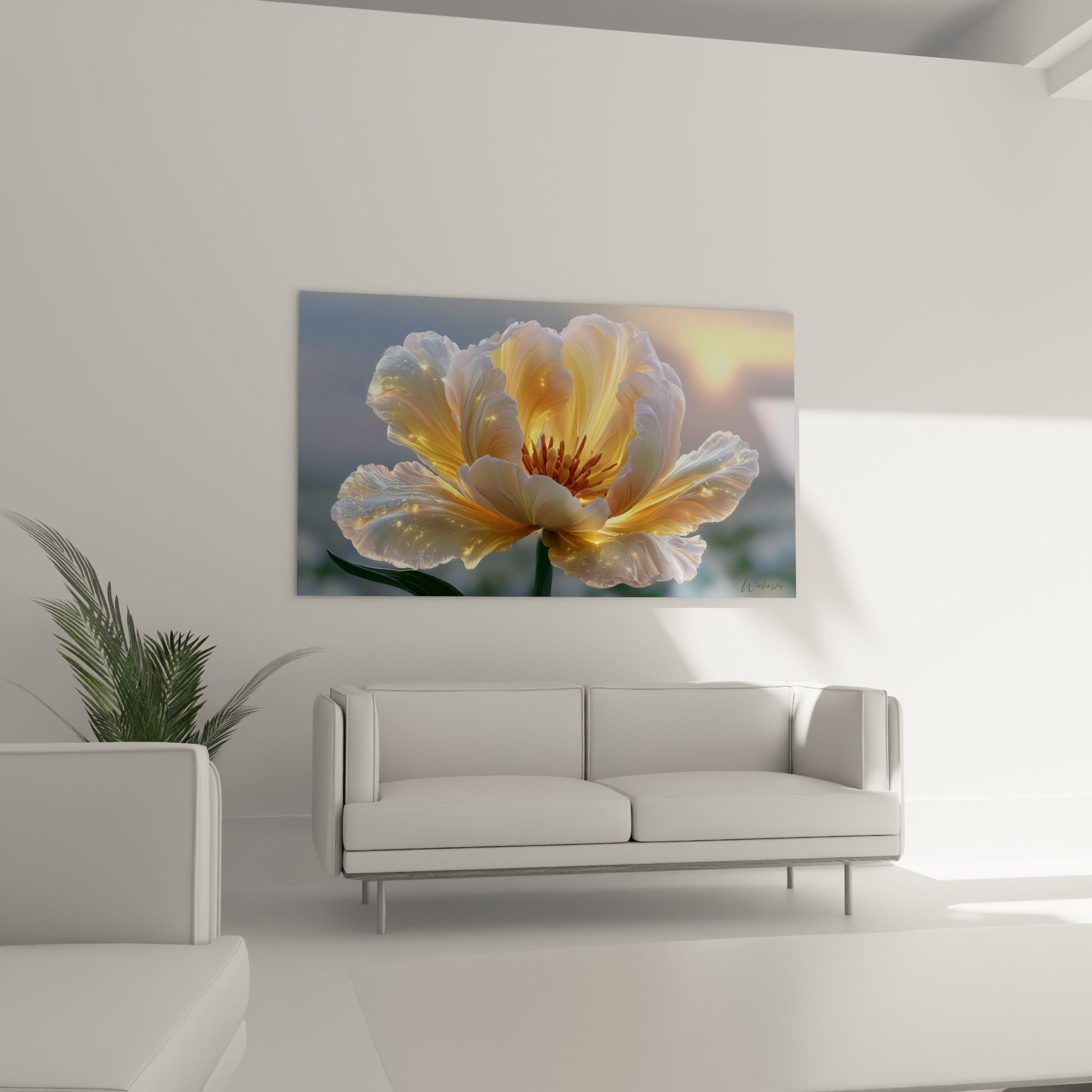 Fleur ivoire et ambrée aux gouttes de rosée scintillantes, accrochée au-dessus d'un canapé dans un salon lumineux