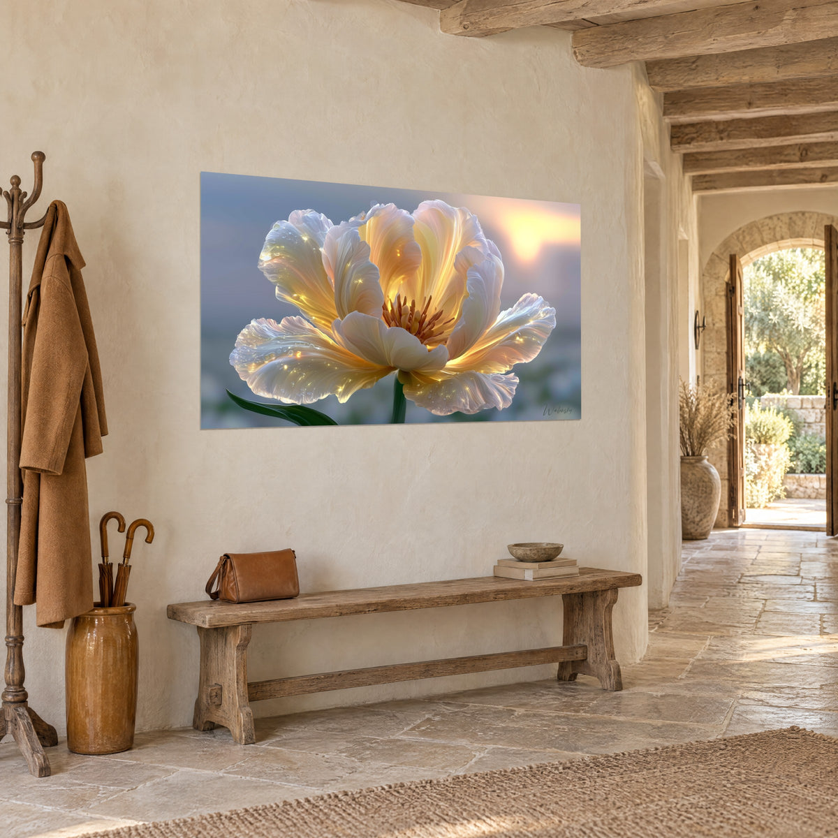 Wall art white flower with a copper stamen heart, blurred orange sun, on a limewashed wall beside a wooden bench, stone house