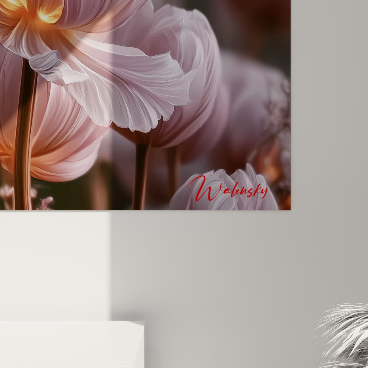Nervures dorées et textures soyeuses des pétales roses visibles en gros plan sur la toile