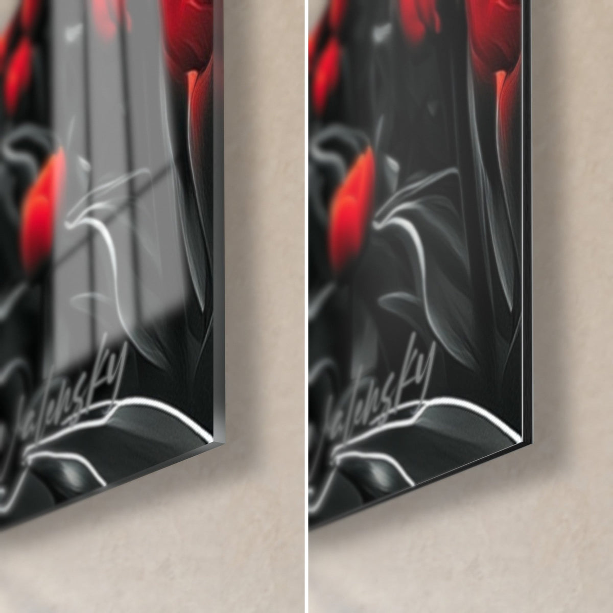 Tableau tulipe rouge carmin et tige noire, coin bas droit : verre acrylique brillant à gauche, alu Dibond mat à droite