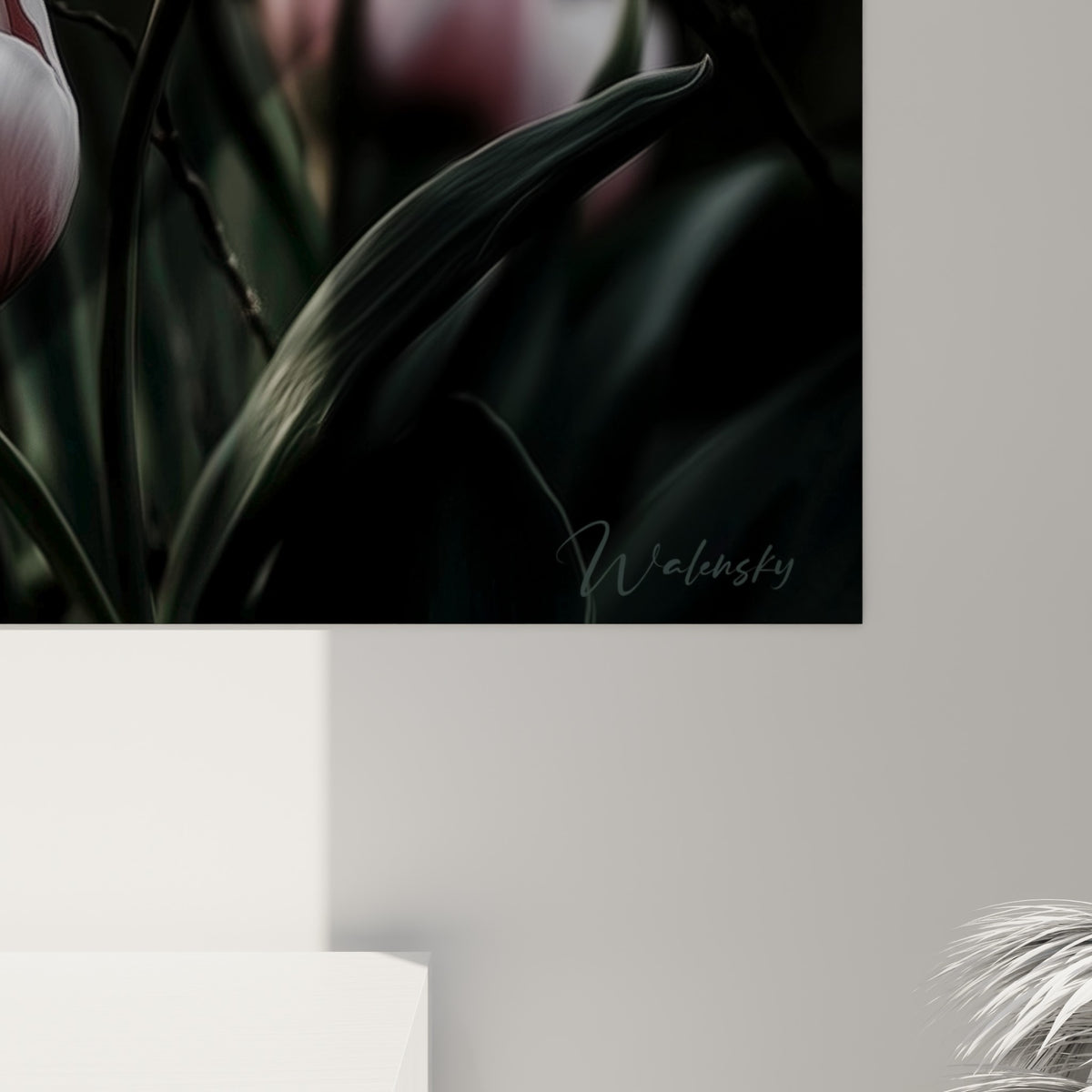 Grain photographique révélant les nuances rose pastel et blanc nacré des pétales de tulipes